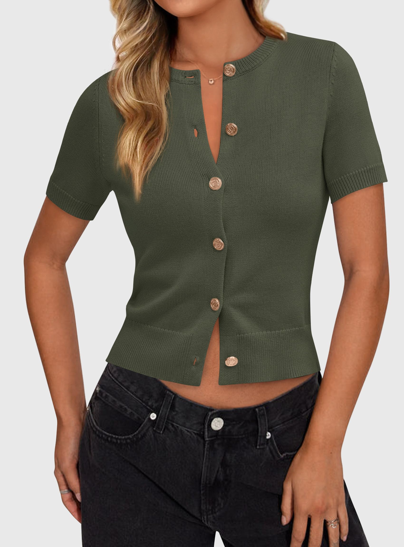 Womens Summer Cardigan Short Sleeve Sweater,Army Green,S