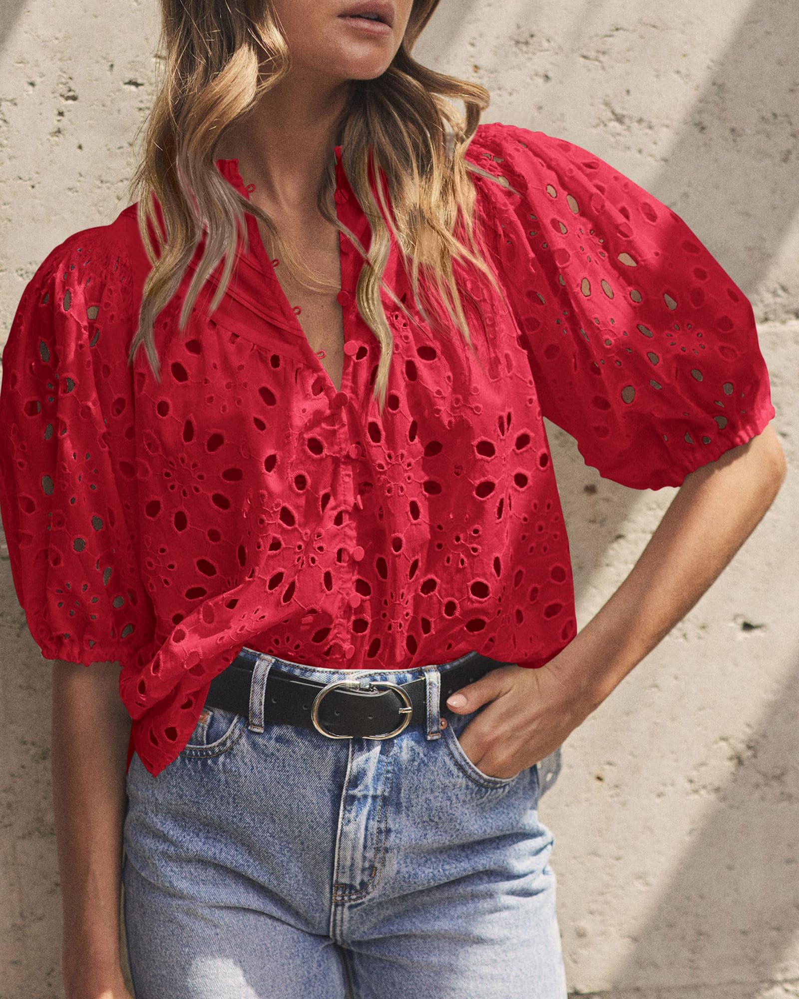 Womens Tops Boho Eyelet Puff Sleeve Blouse, Red,S