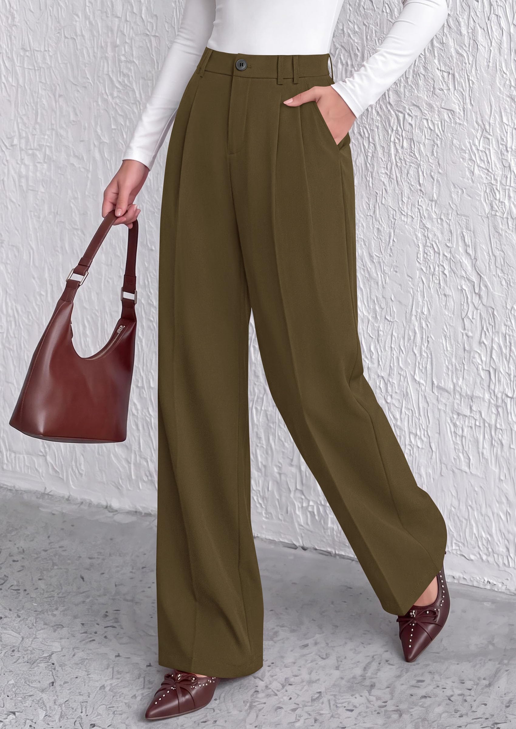 Women's Dress Pants Wide Leg Flowy Trousers,Army Green,S