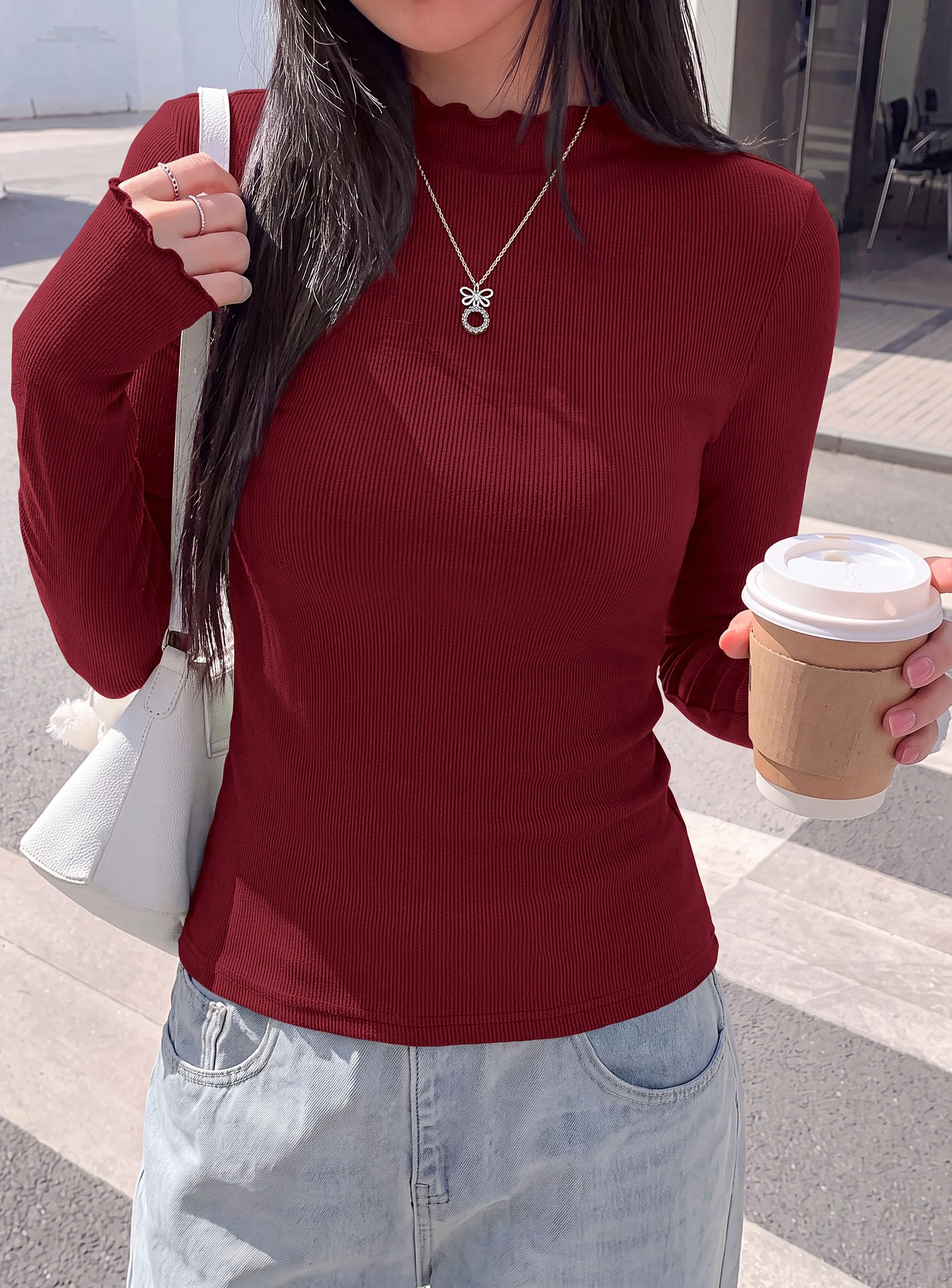 Women's Long Sleeve T Shirts Lettuce Trim Mock Neck Tops