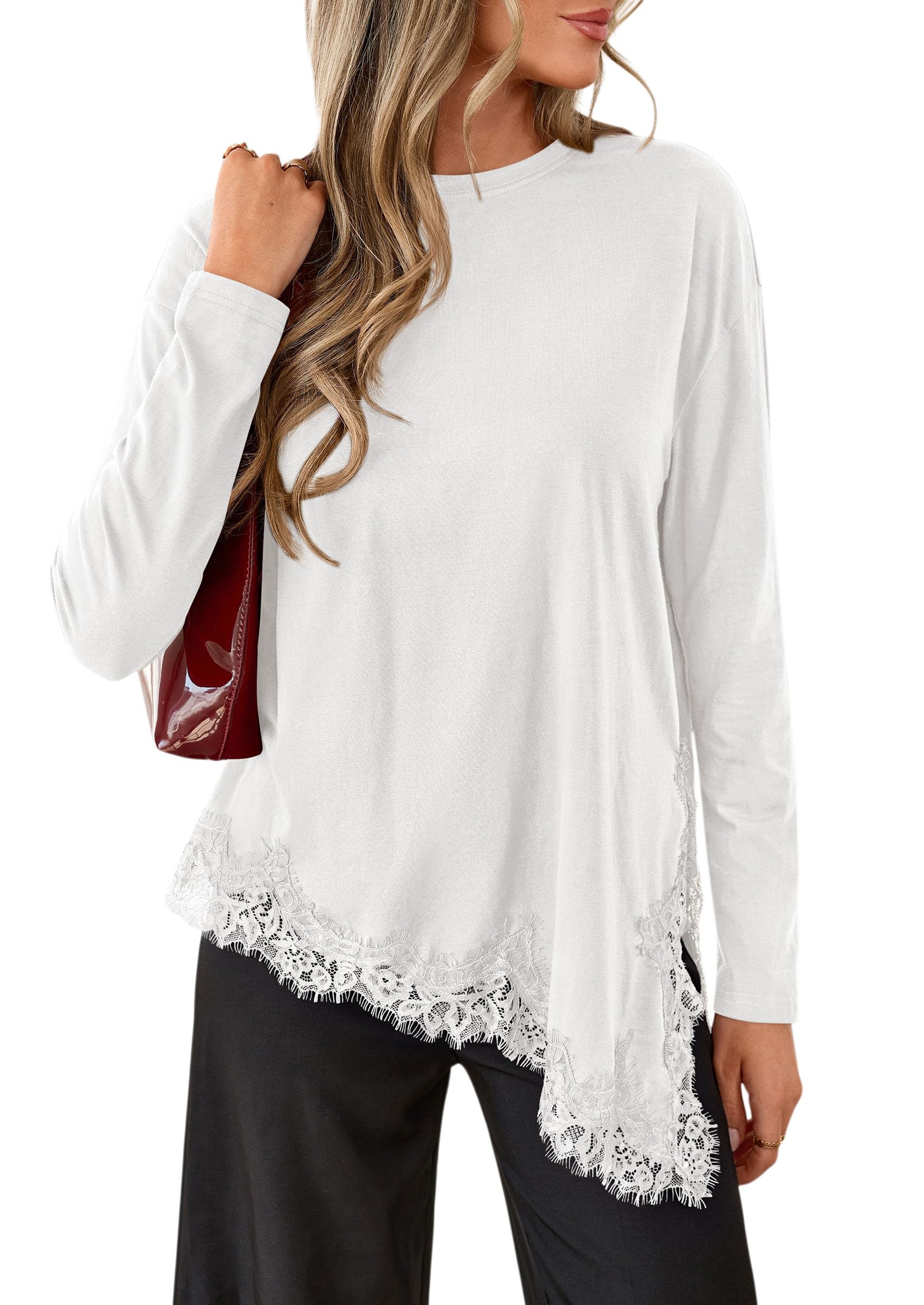 Women's Long Sleeve Asymmetrical Lace Tops Oversized Tshirts