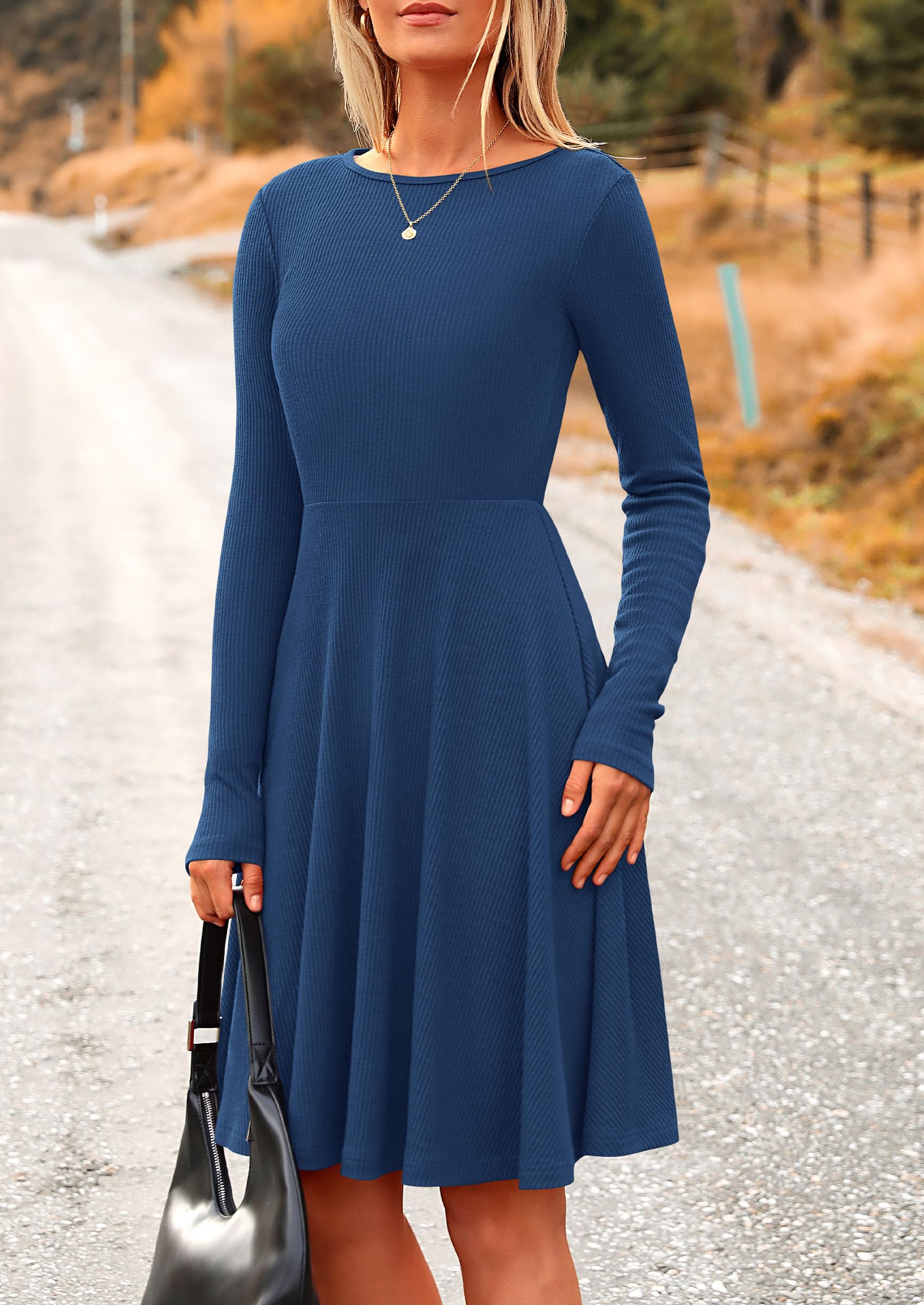 Women's Fall Casual Long Sleeve Short Dress (Dark Blue,S)