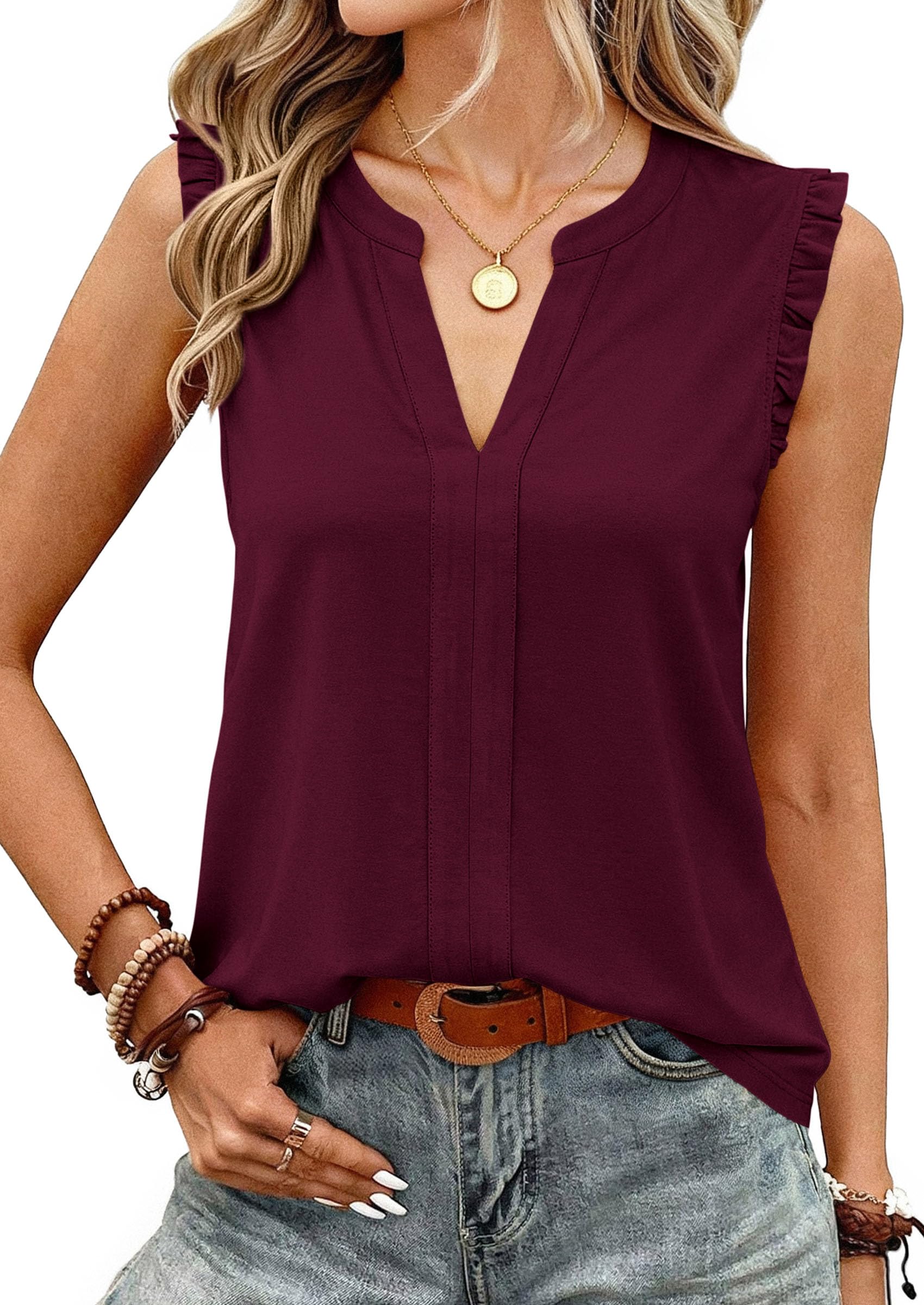 Women's V Neck Sleeveless Blouses Summer Tops,Burgundy,M