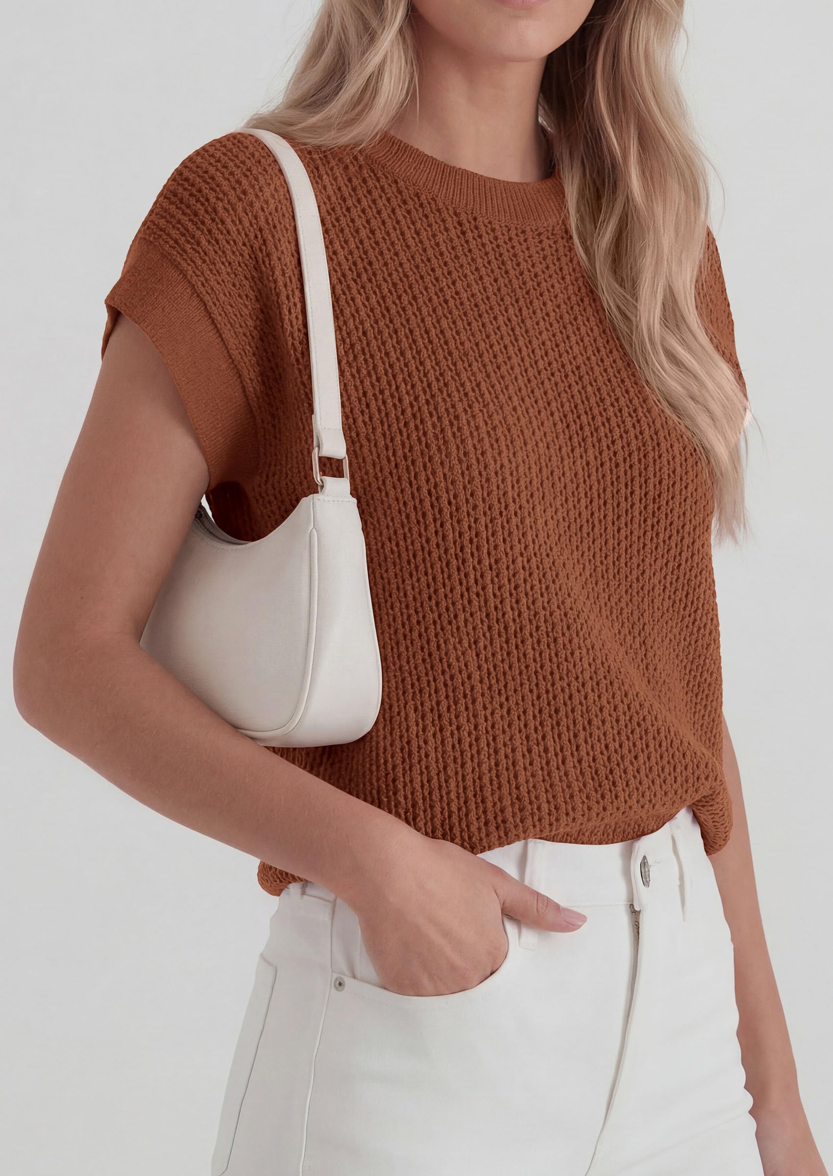 Women's Summer Sweater Vest Crochet Tops (Brown,S)