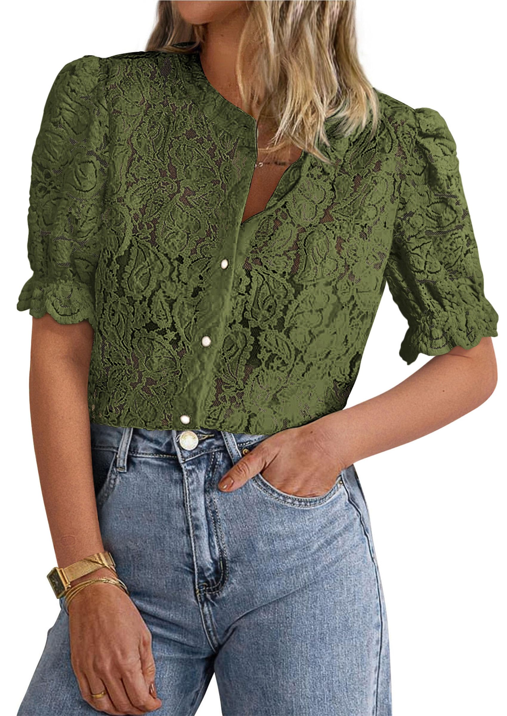 Womens Lace Tops Button Down Short Sleeve Shirts,Army Green,S