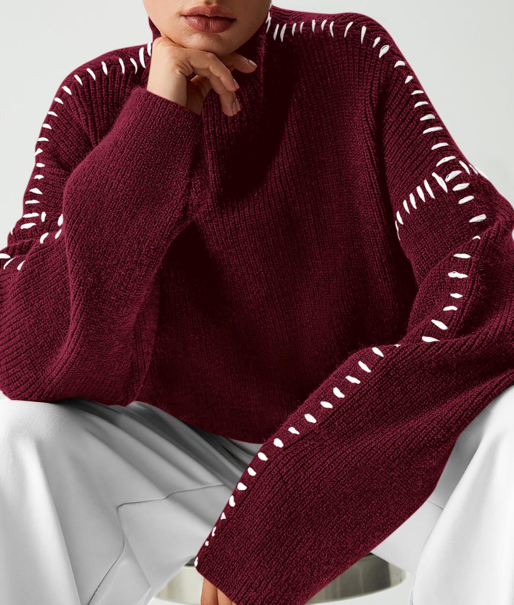 Womens Chunky Knit Oversized Pullover Sweaters,Wine Red,S