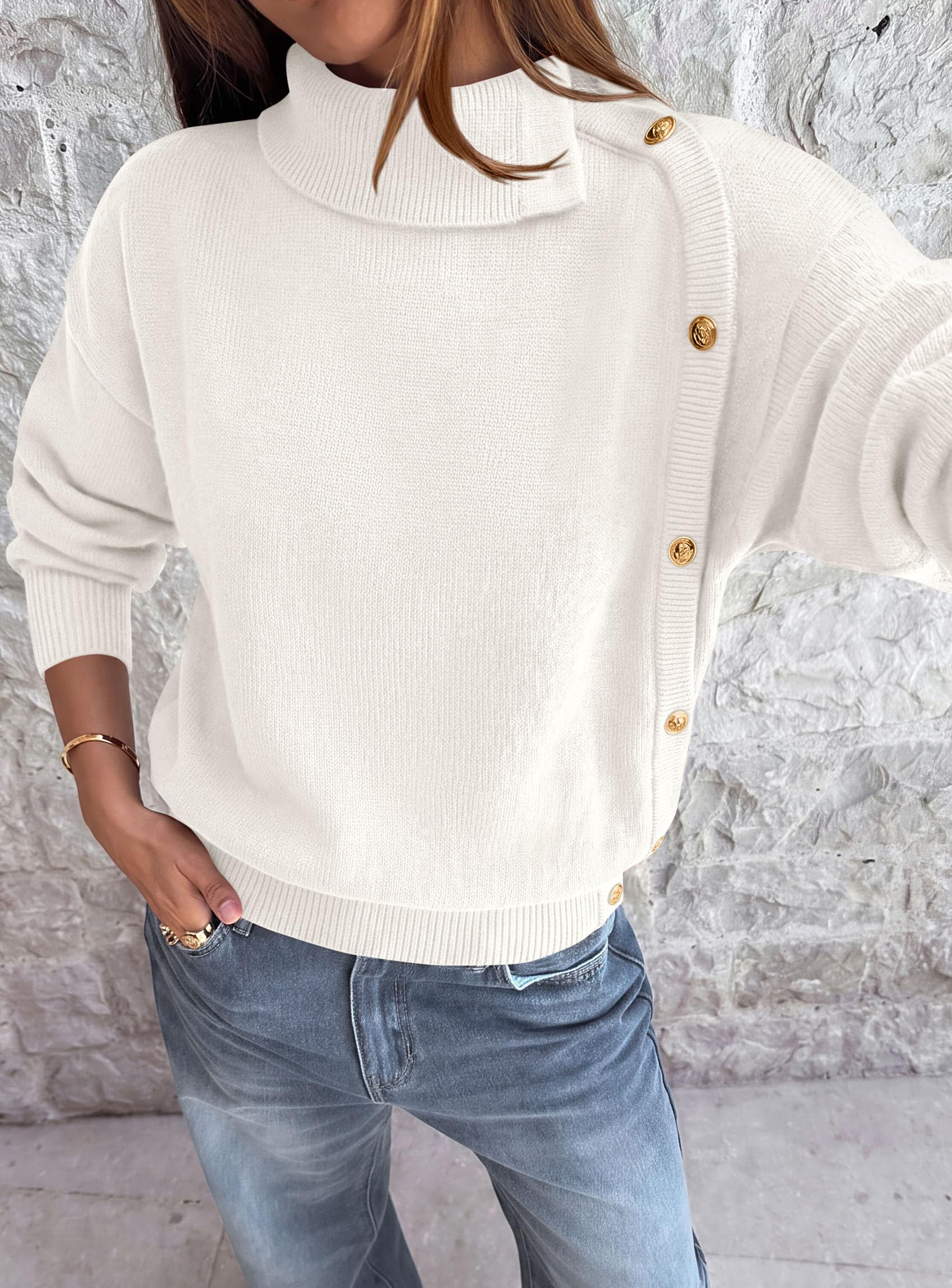 Womens Turtleneck Sweater Pullover Side Button Fall Clothes