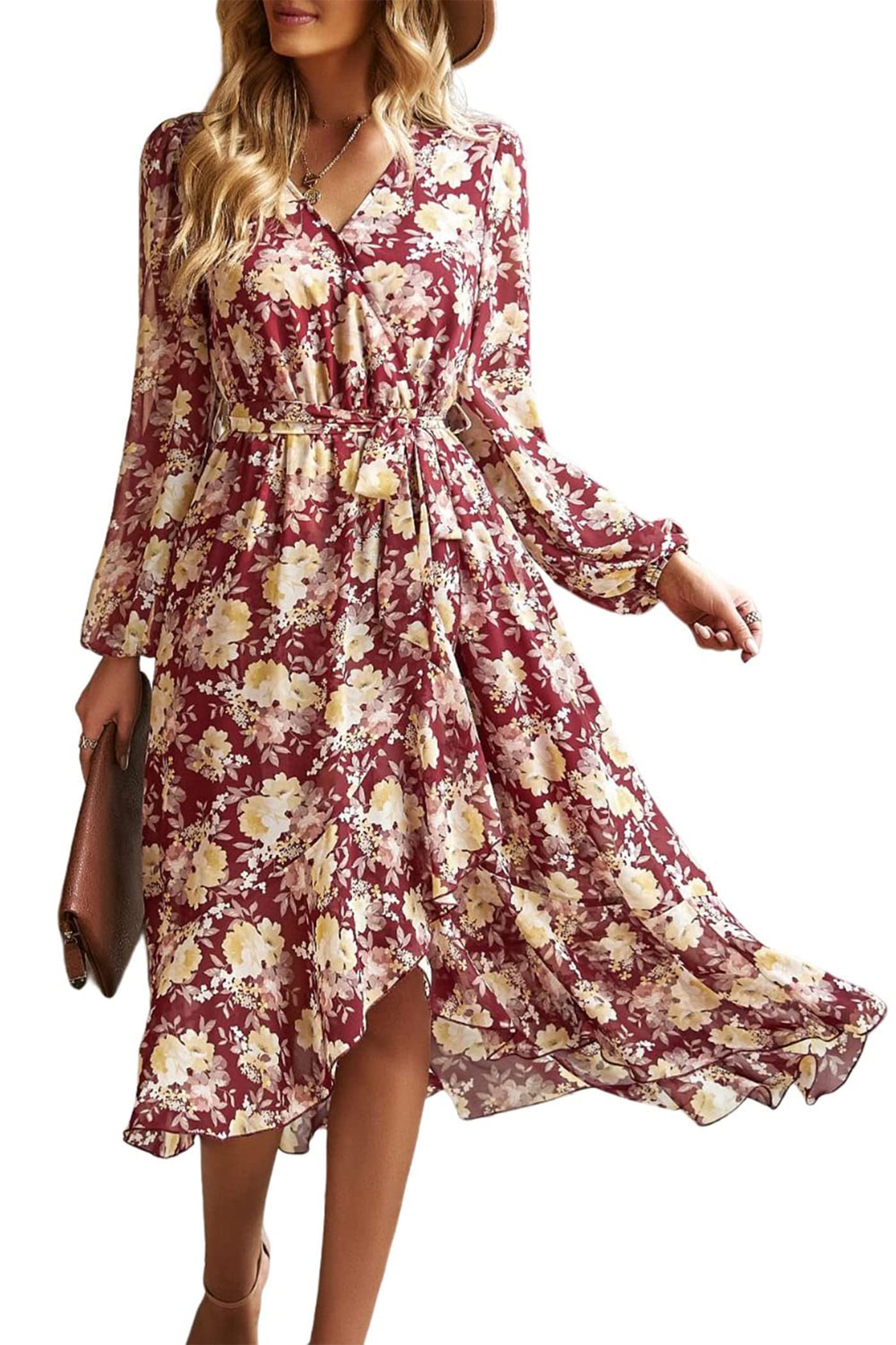 Women's Floral Boho Long Sleeve Maxi Dress, Floral Wine Red,S