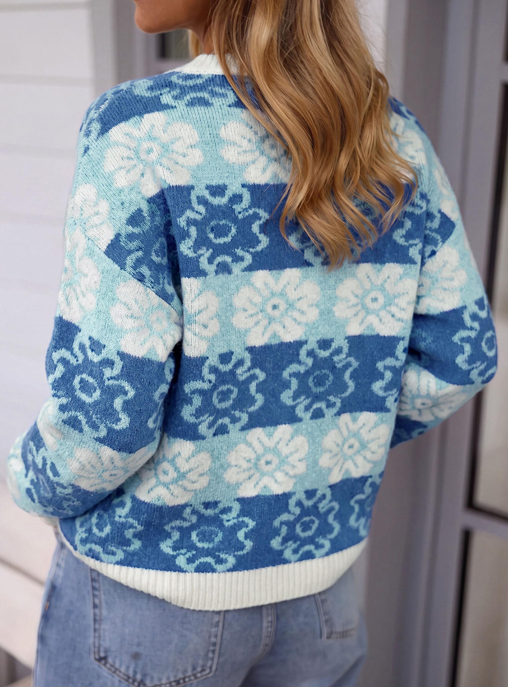 Women's Floral Crewneck Sweater Knit Pullover,Grey Blue,S