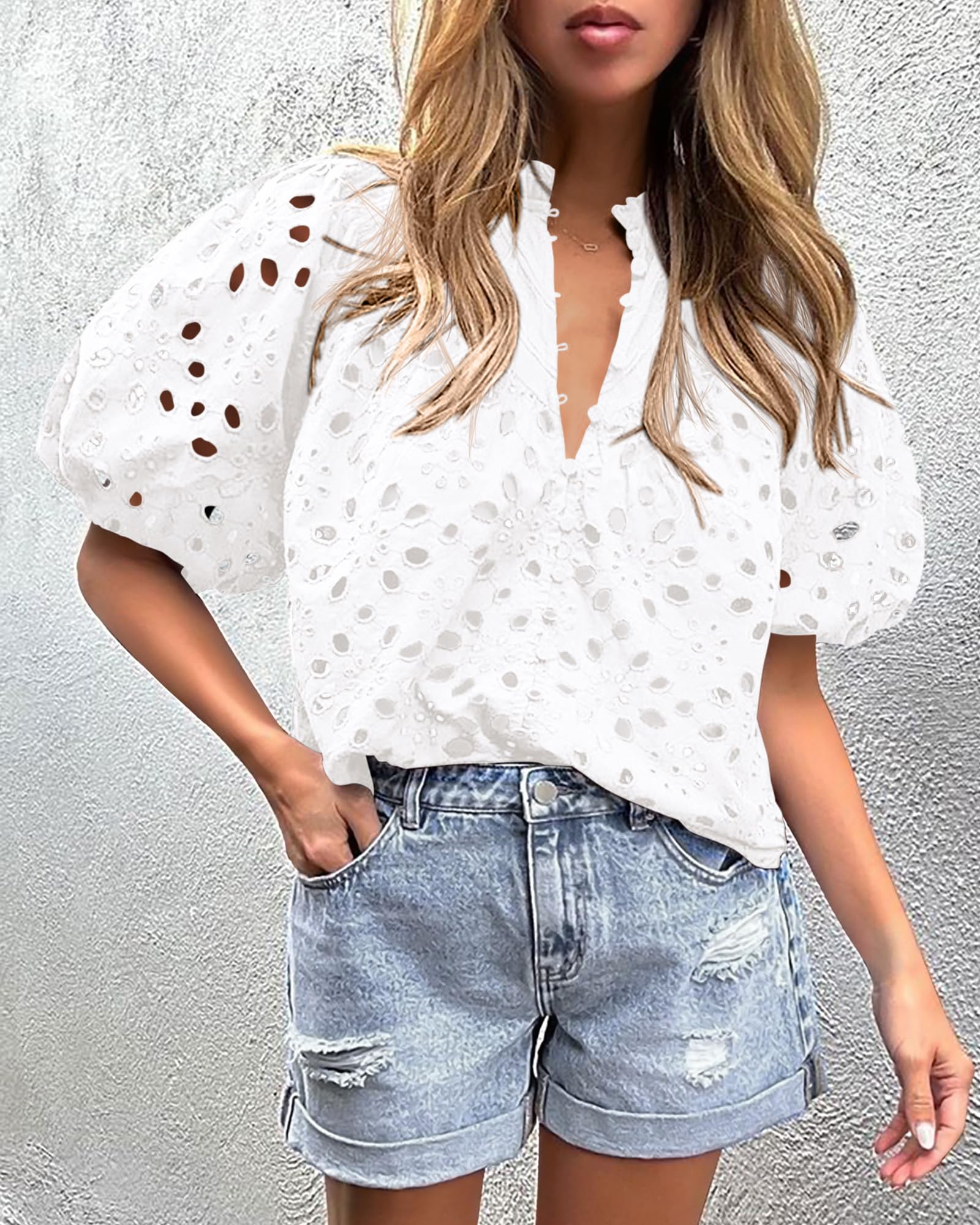 Womens Tops Boho Eyelet Puff Sleeve Blouse, White,S