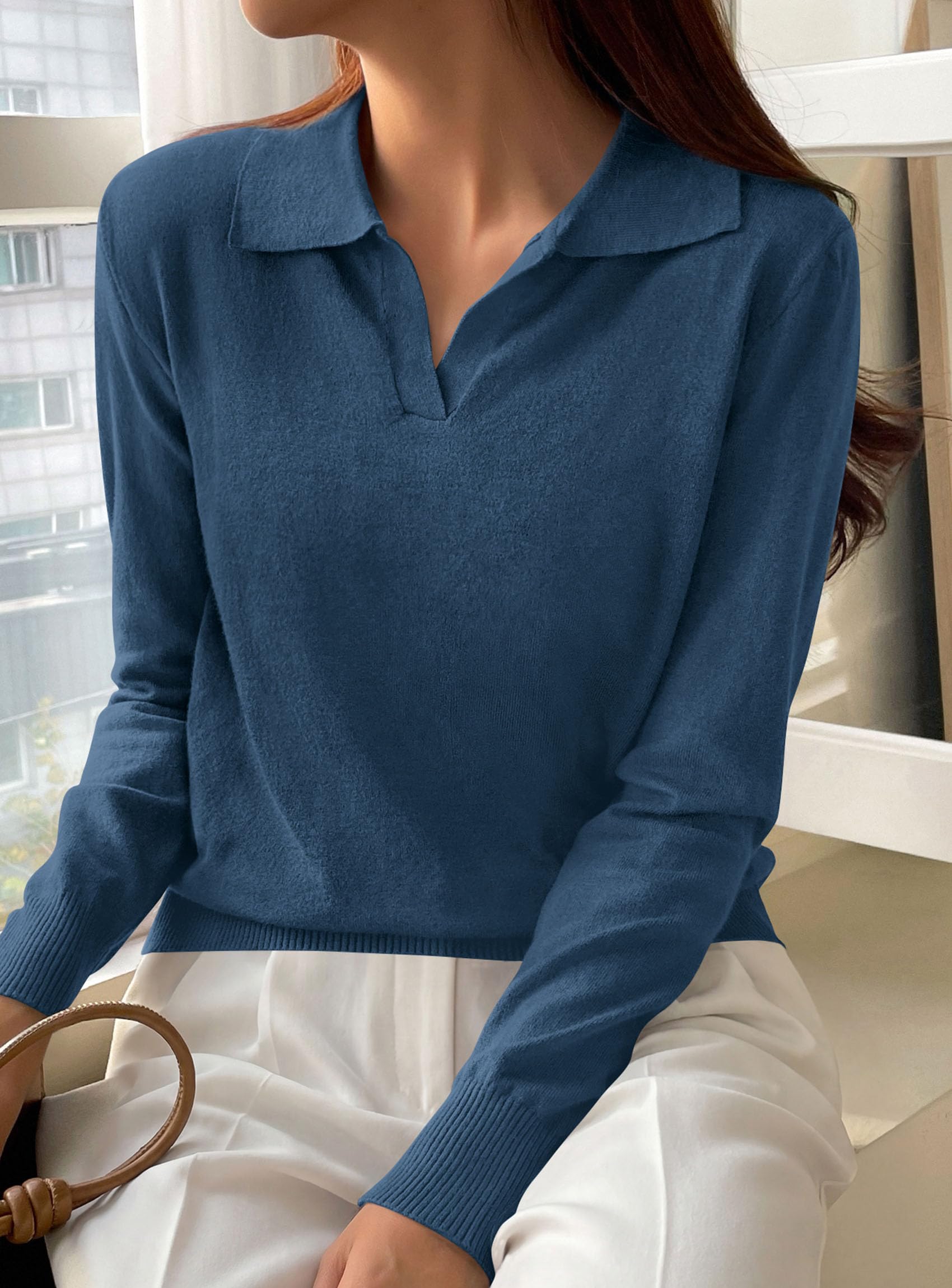 Womens Long Sleeve Collared Polo Sweater,Navy Blue,S