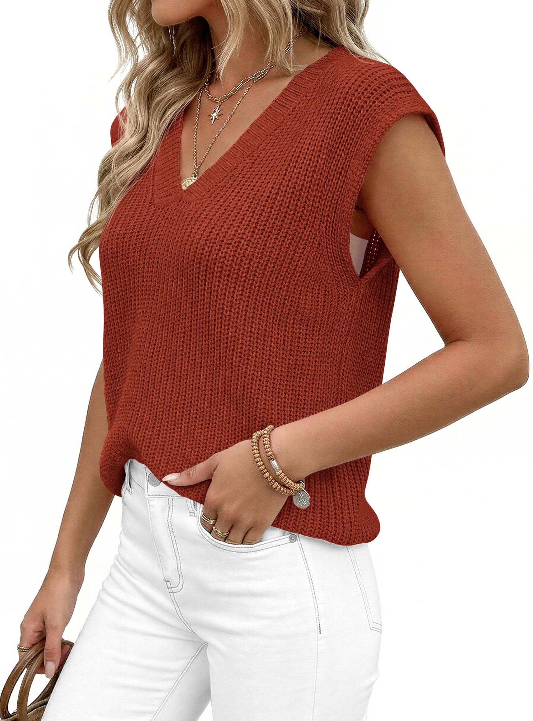 Women's Cap Sleeve Sweaters Vest Summer Tops (Rust Red,S)