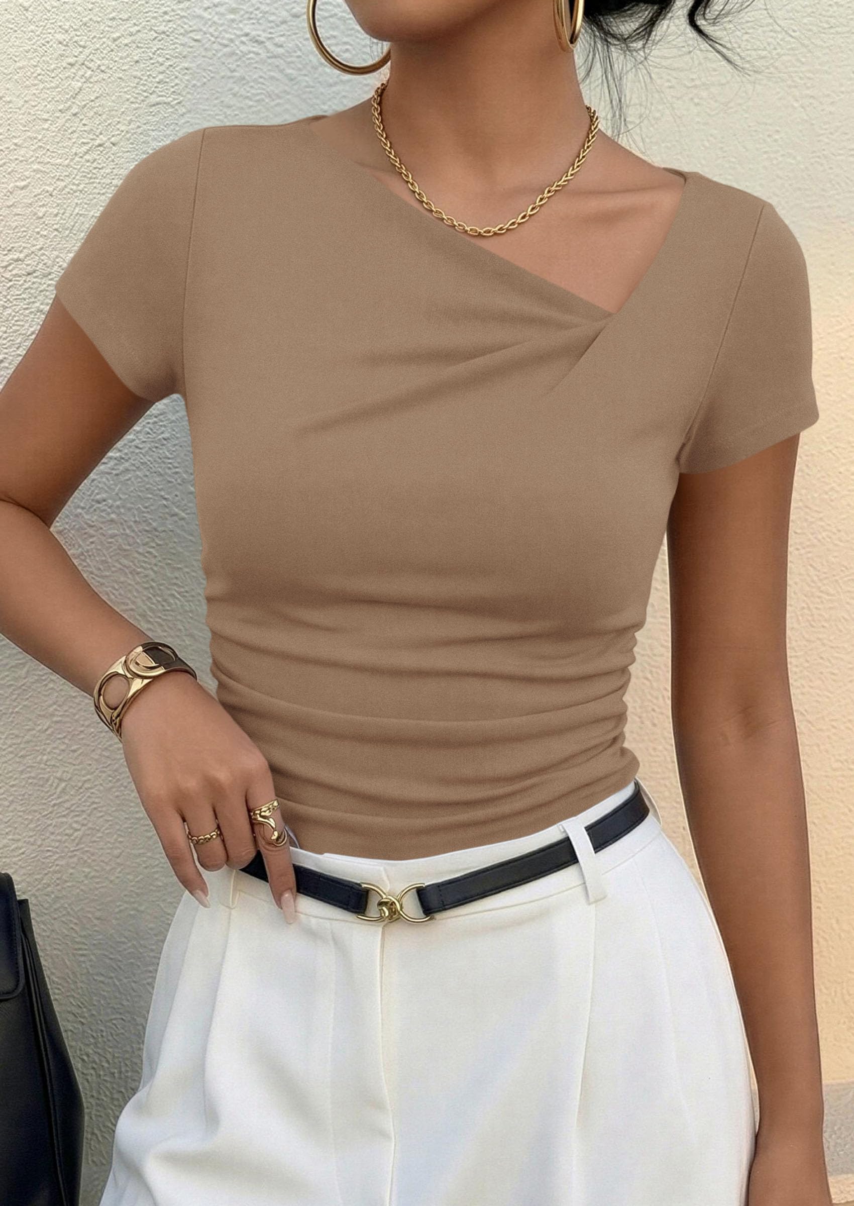 Women's Summer Trendy Asymmetrical Y2K Tops (Khaki,M)