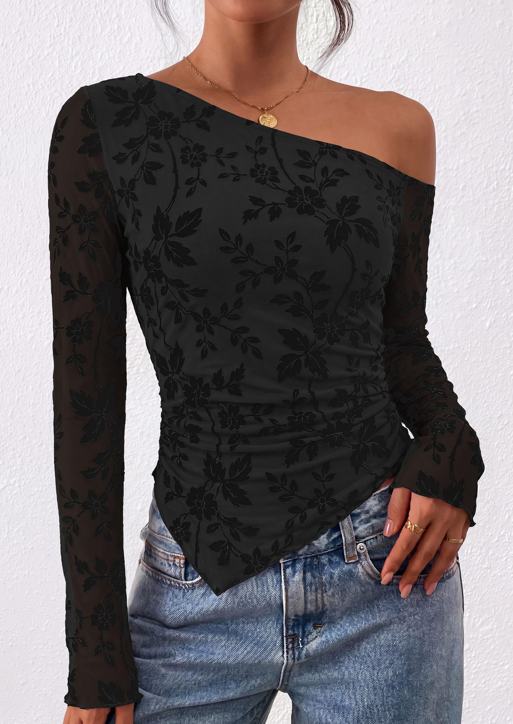 Womens Off Shoulder Mesh Y2k Tops,Black,XS
