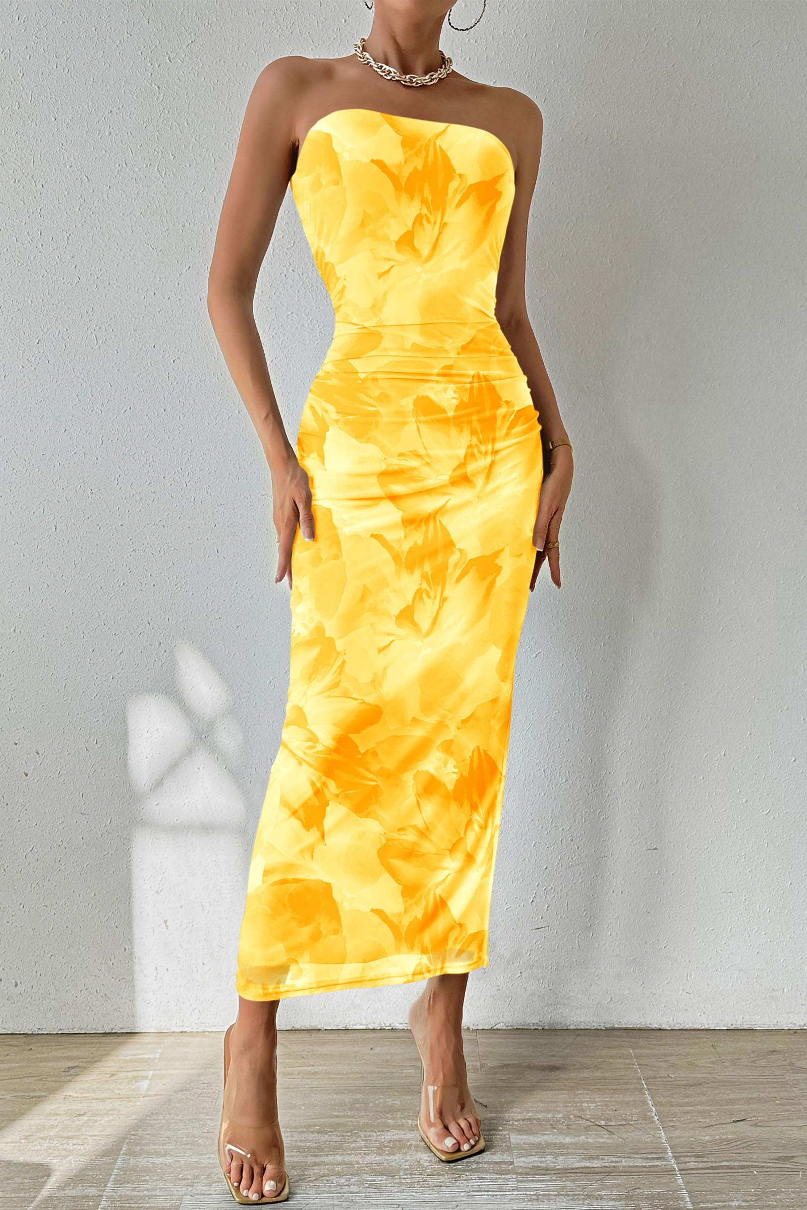 Women's Strapless Bodycon Floral Maxi Dress, Floral Yellow,S