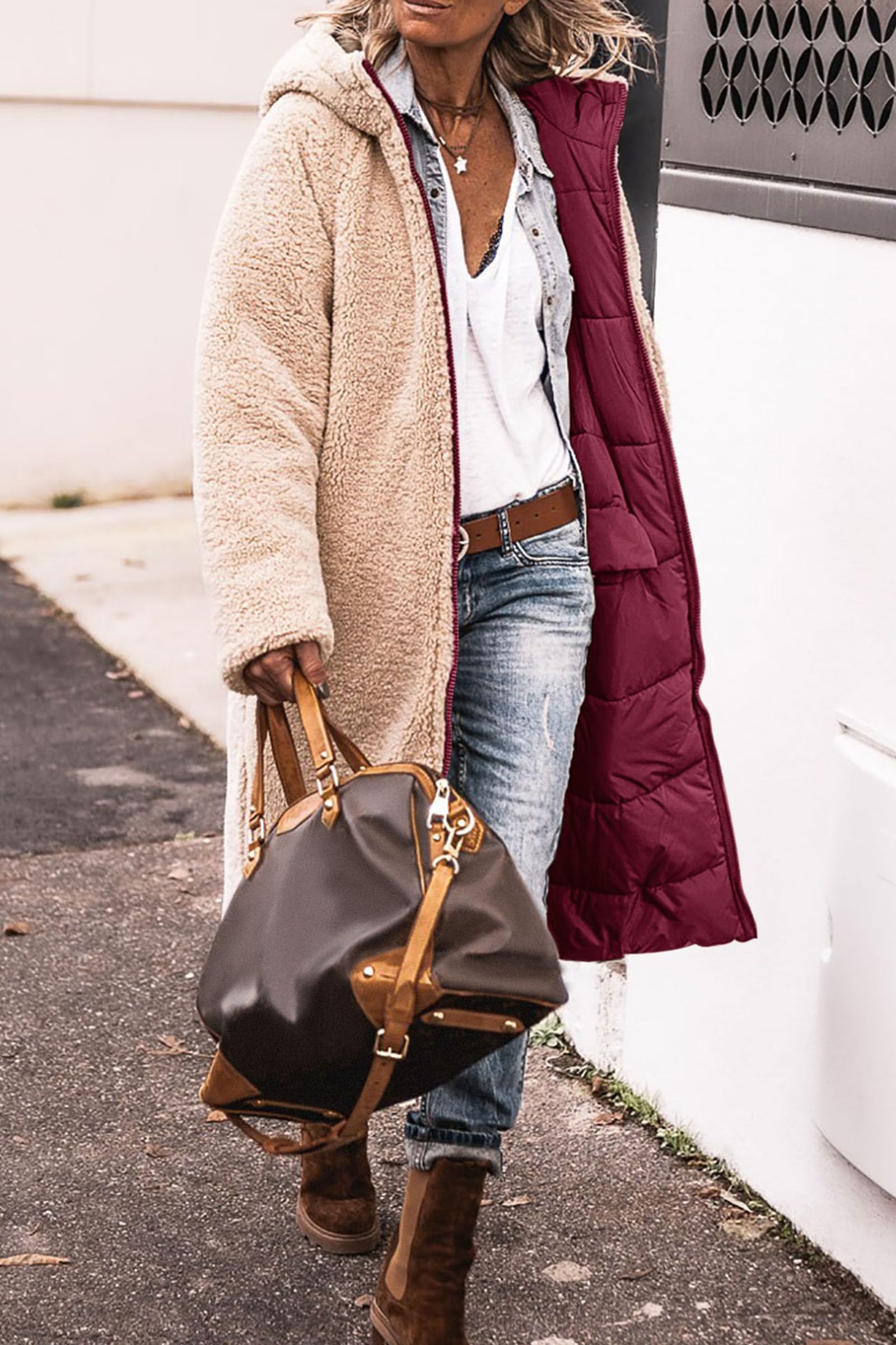 Women's Winter Fleece Warm Long Coats(Wine Red,Small)