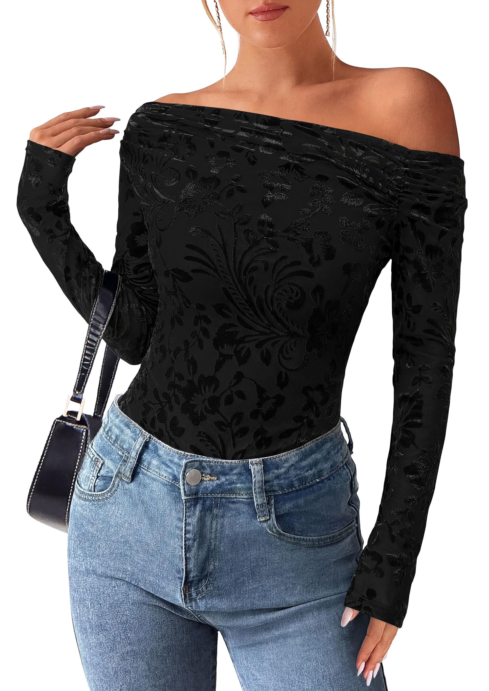 Off the Shoulder Tops for Women Fall Mesh Floral Blouses Black