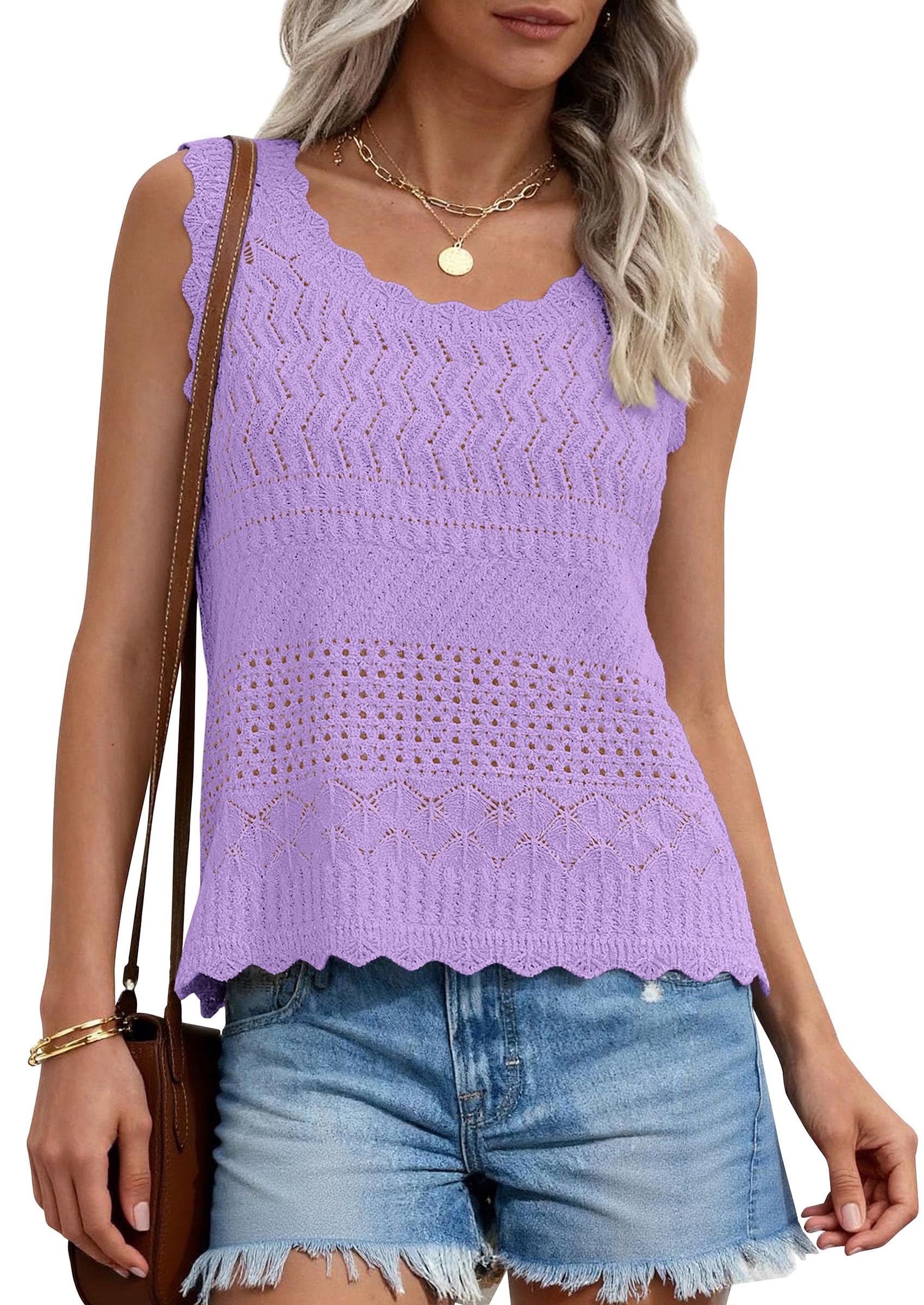 Womens Crochet Tank Tops Knit Sleeveless Vest,Purple,S