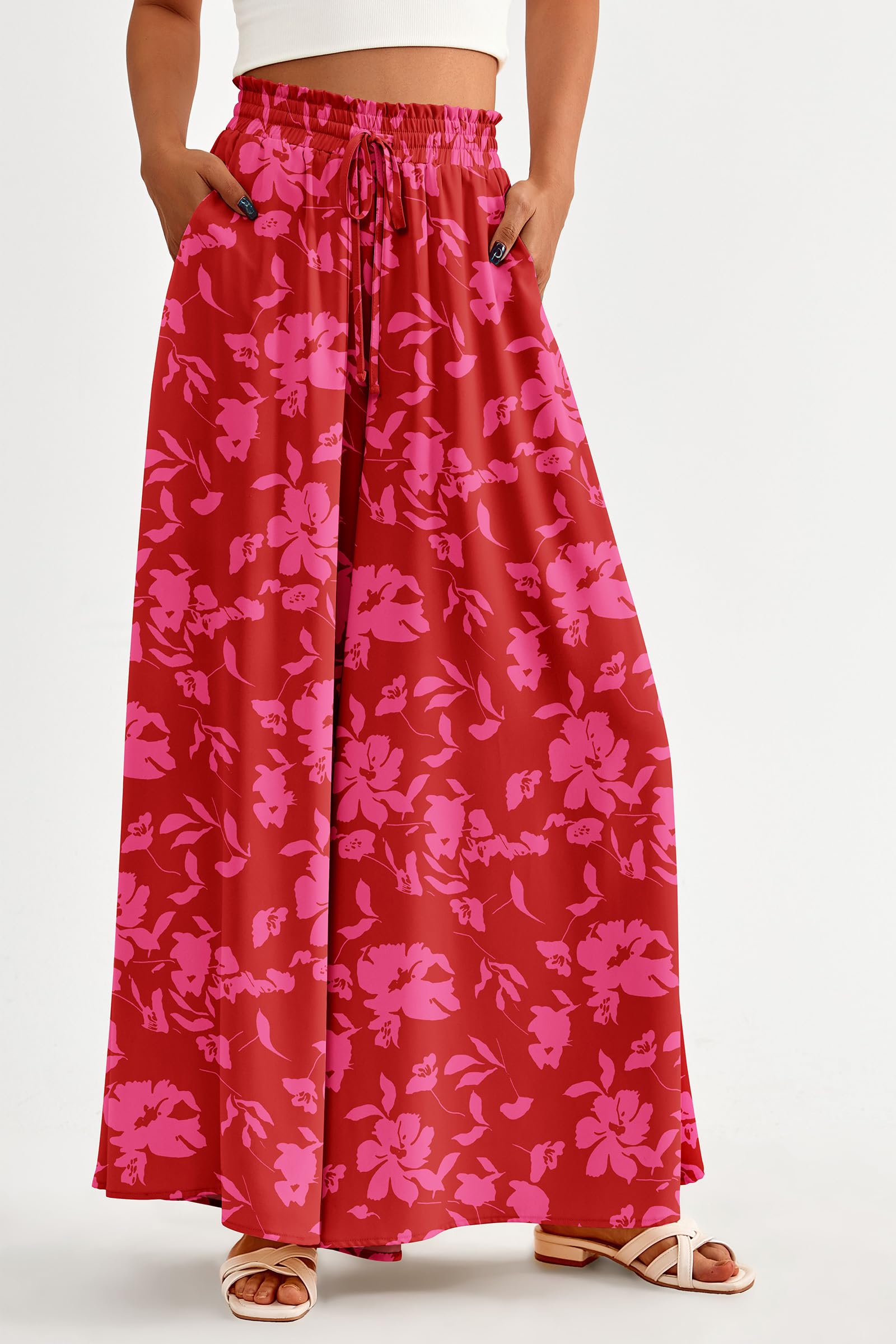 Summer Wide Leg Palazzo Pants for Women Casual,Print Red,S