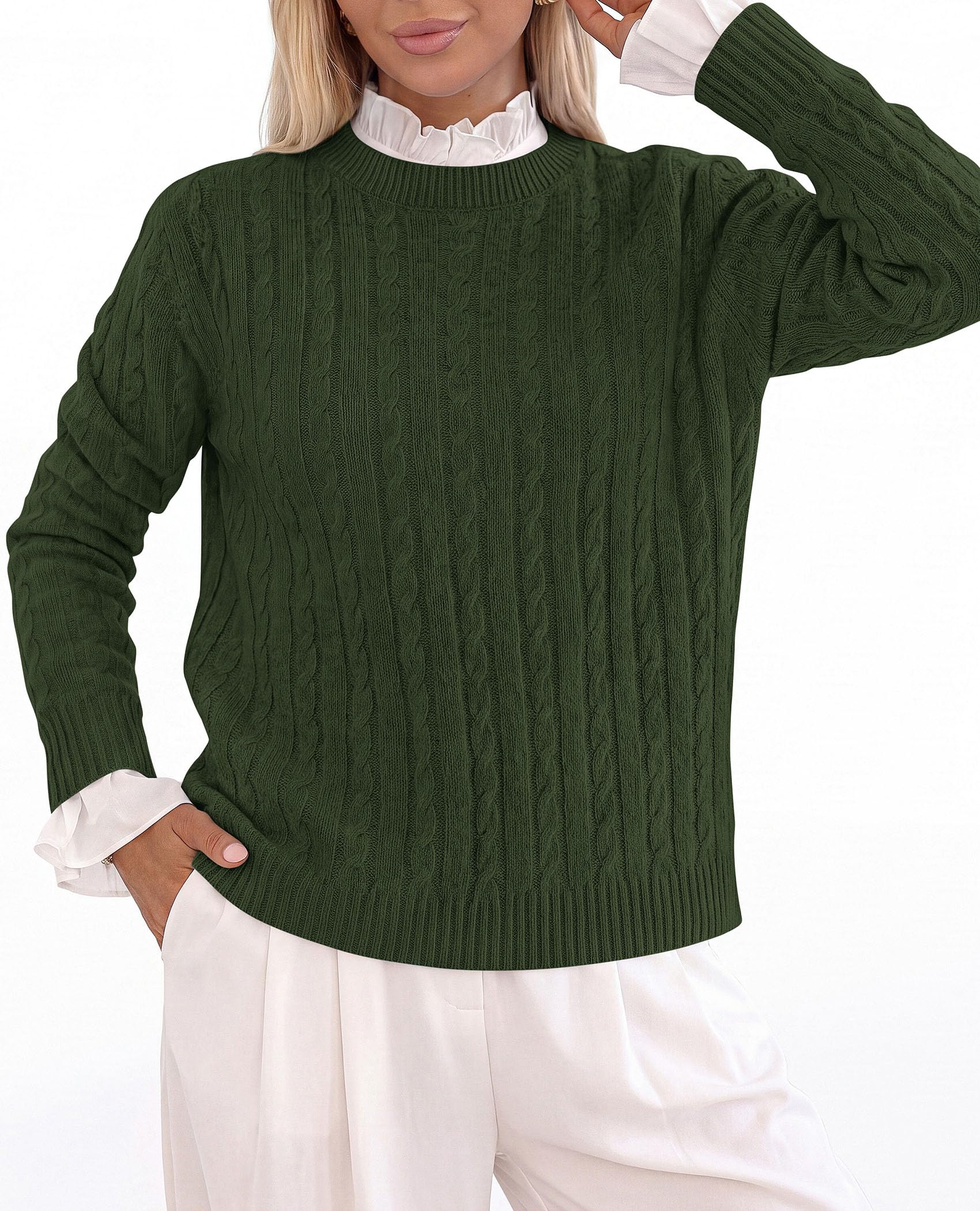 Womens Cable Knit Crewneck Fall Sweater Long Sleeve Tops 2026