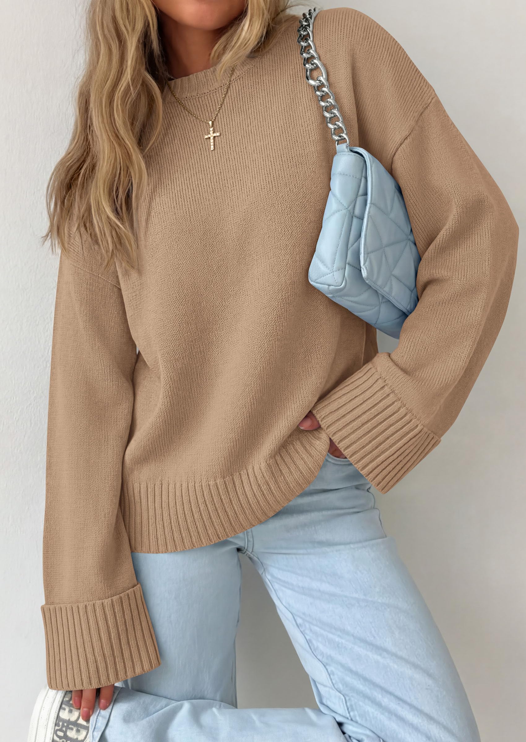 Oversized Sweater Women's Crewneck Long Sleeve Tops Khaki
