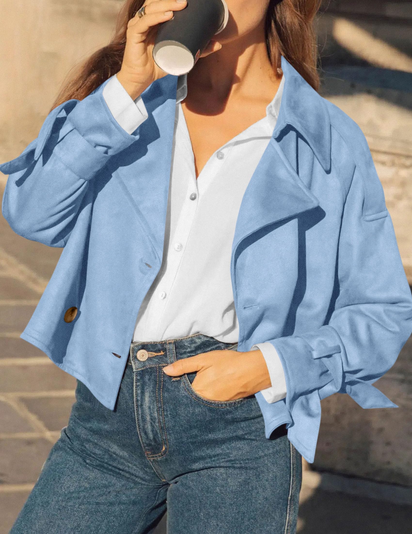 Women Faux Suede Double Breasted Trench Coat Cropped Jackets