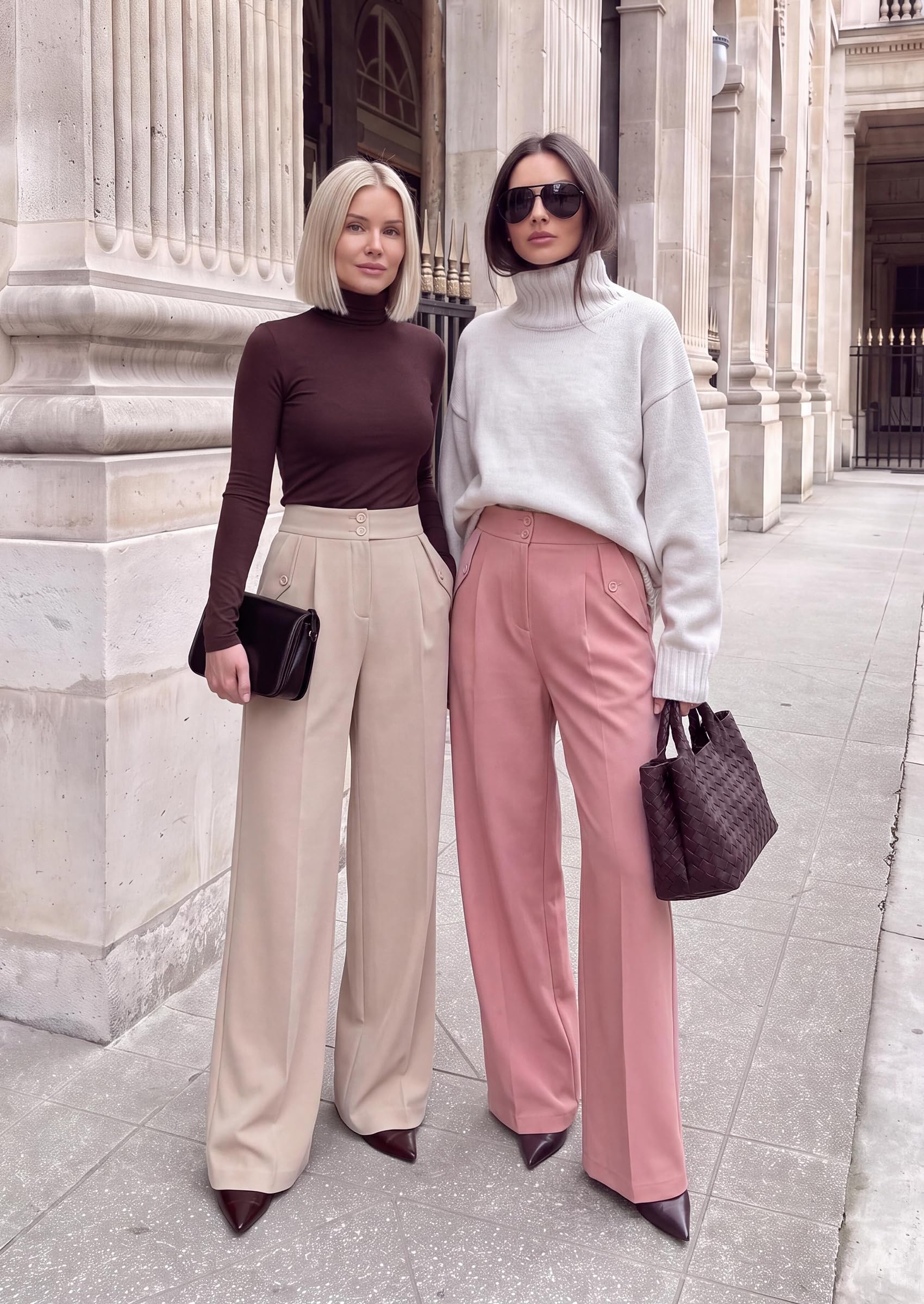 Women's Wide Leg Work Dress Pants Trousers (Pink,S)