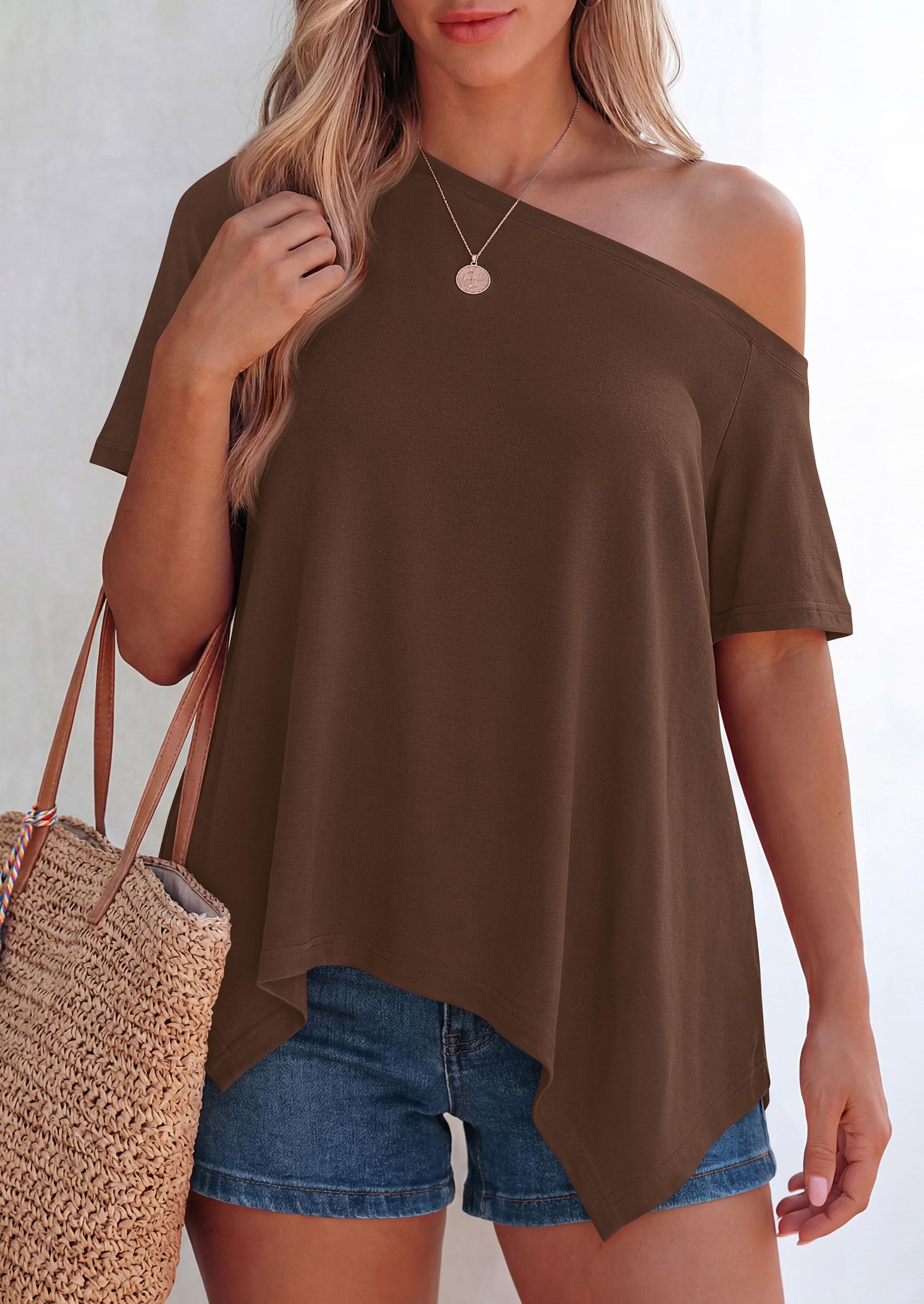 Off Shoulder Tops for Women Oversized Tshirts, Brown,S