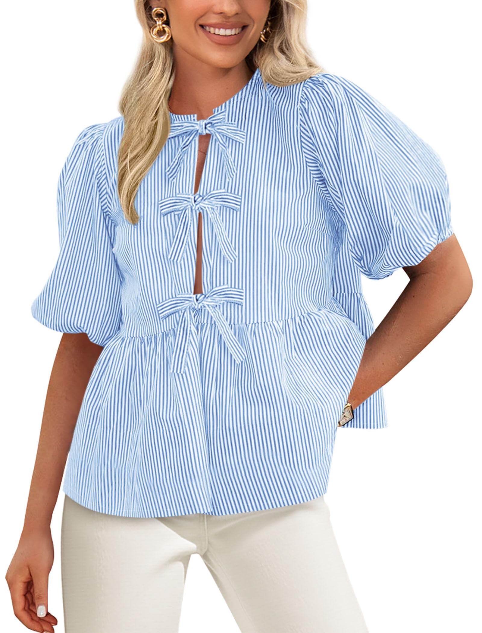 Women Striped Tie Front Babydoll Peplum Tops, Light Blue,S