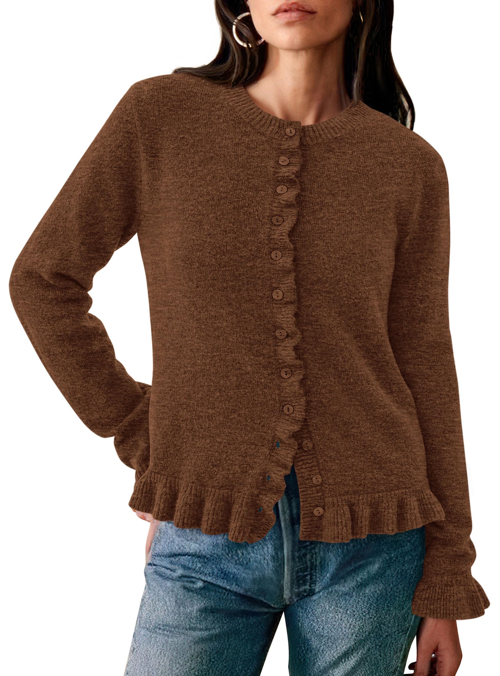 Womens Ruffle Button Down Cardigan Sweaters,Brown,S