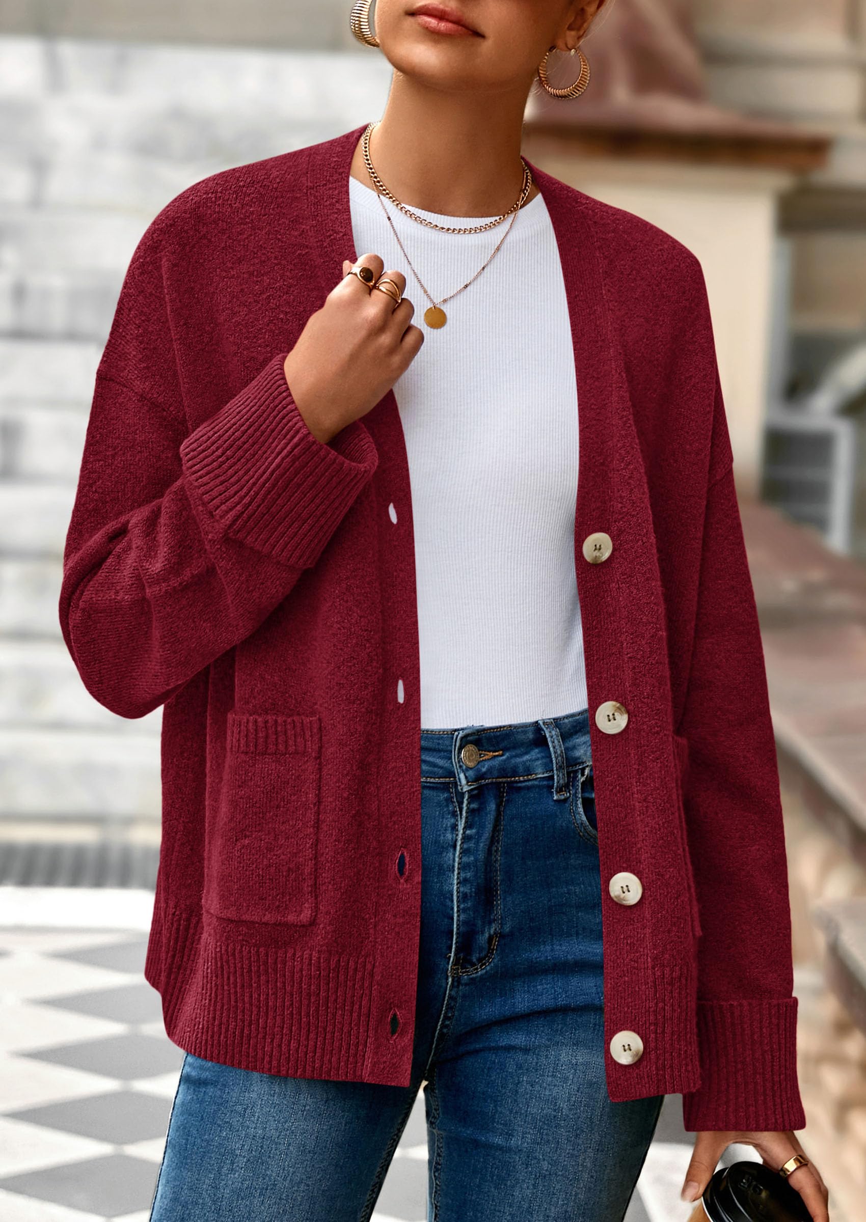Women's Winter Oversized Cardigan Sweaters (Burgundy,S)
