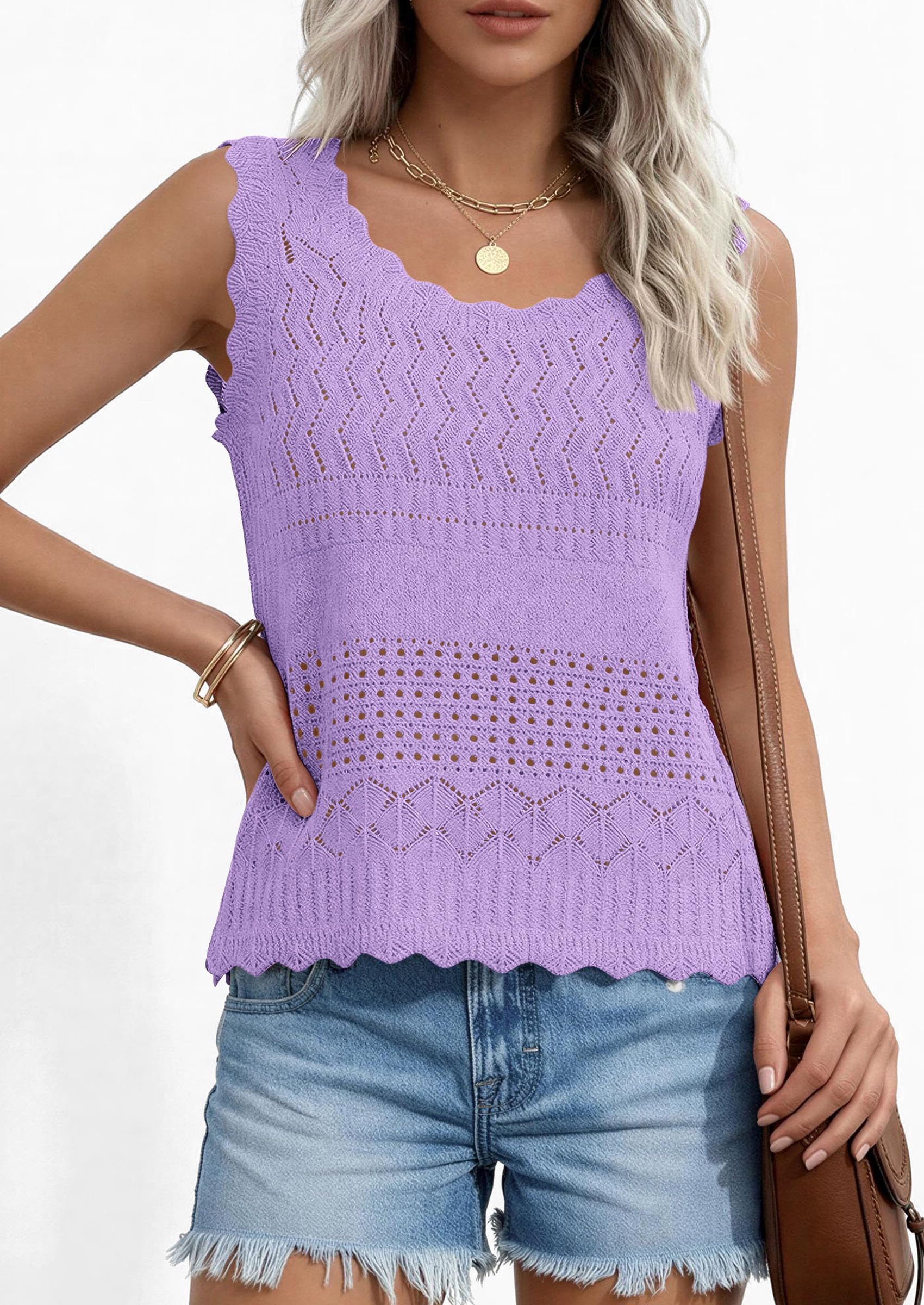 Womens Crochet Tank Tops Knit Sleeveless Vest,Purple,S