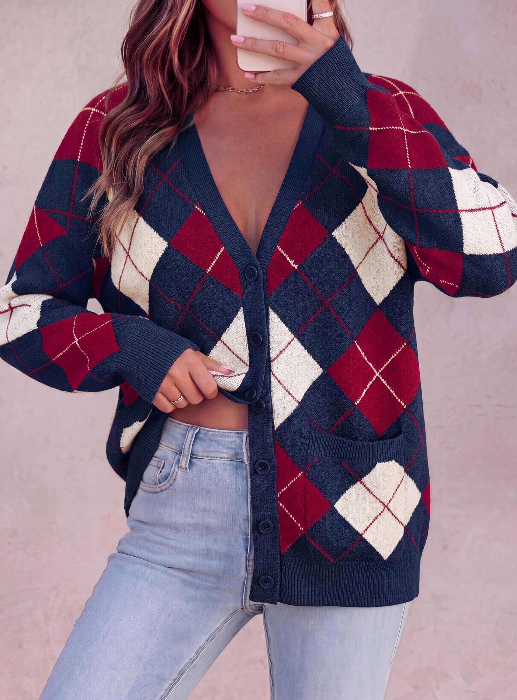 Women's Cardigan Argyle Winter Sweaters (Plaid Navy Blue,S)