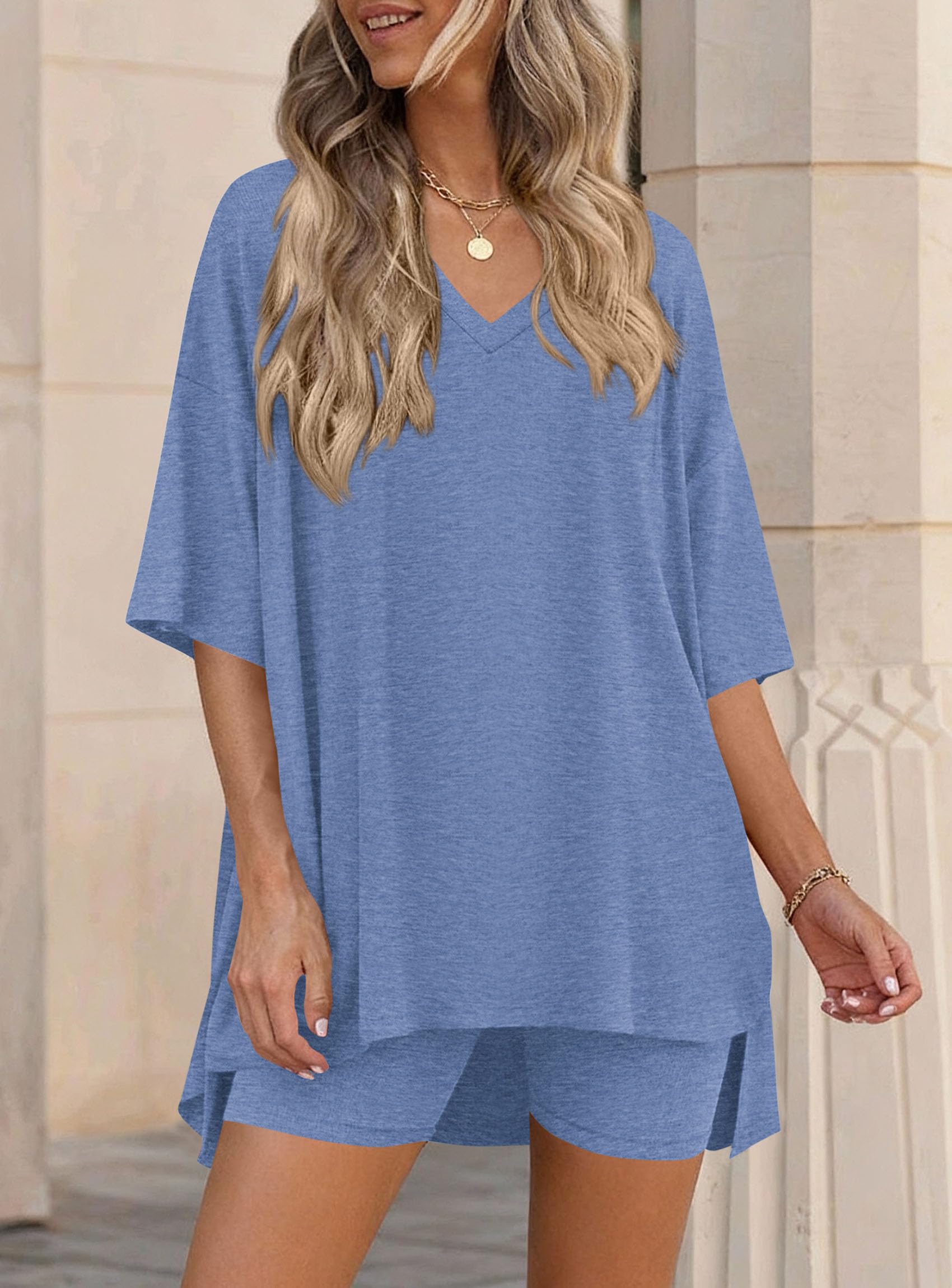 Womens 2 Piece Outfit Lounge Short Sets,Grey Blue,L