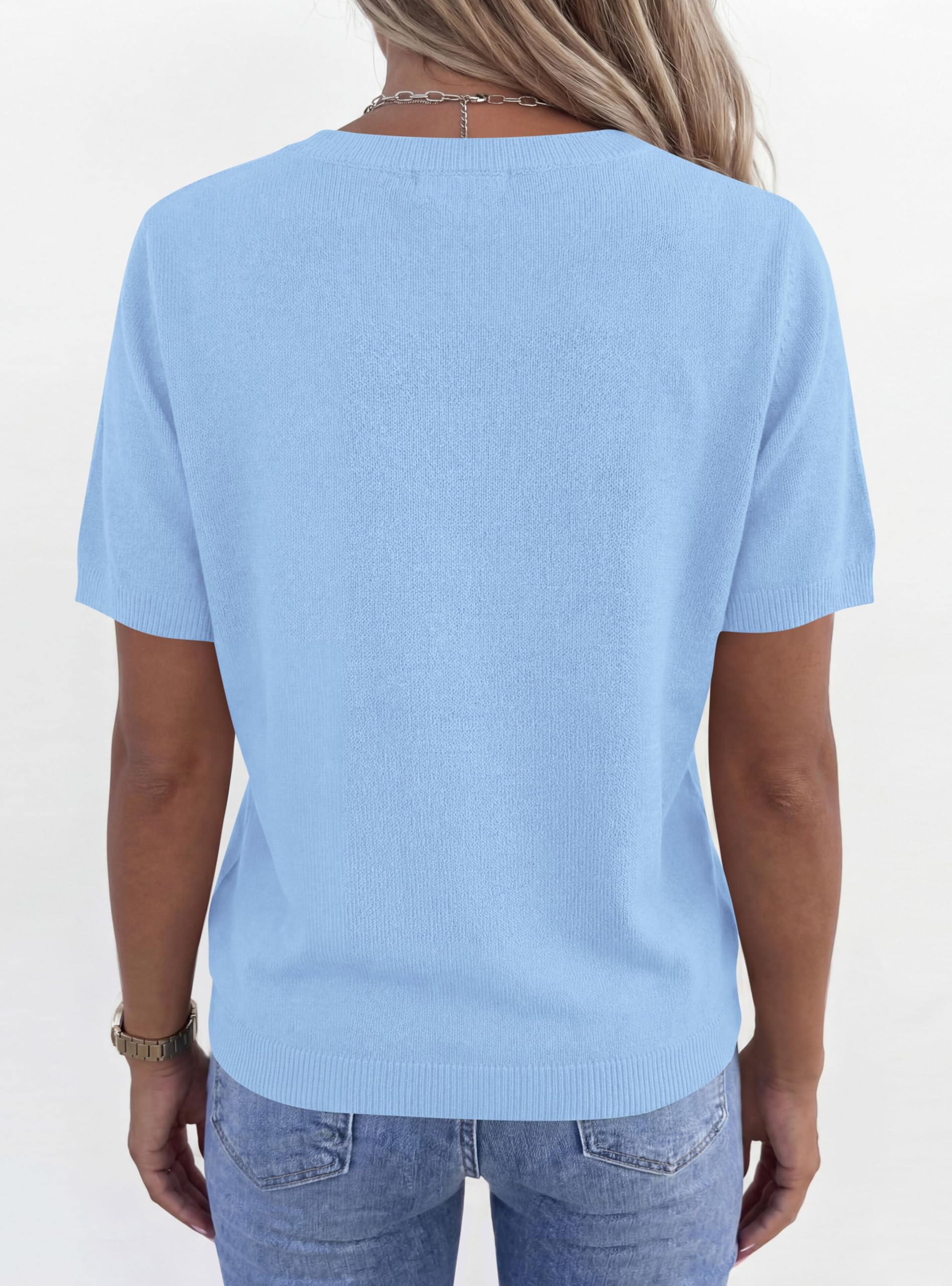 Womens Short Sleeve Sweater V Neck Tops,Light Blue,S