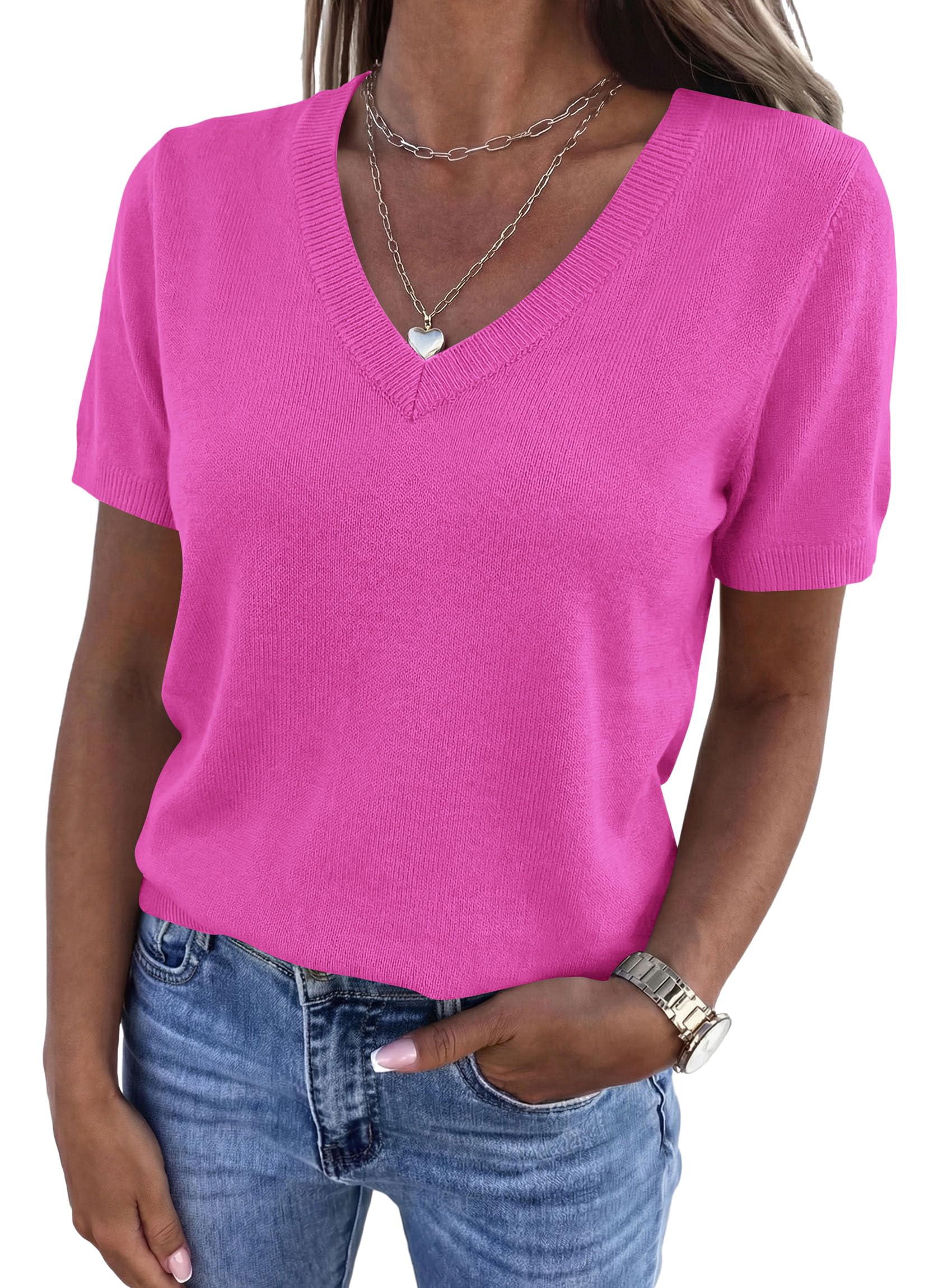 Womens Short Sleeve Sweater V Neck Tops,Rose Red,S