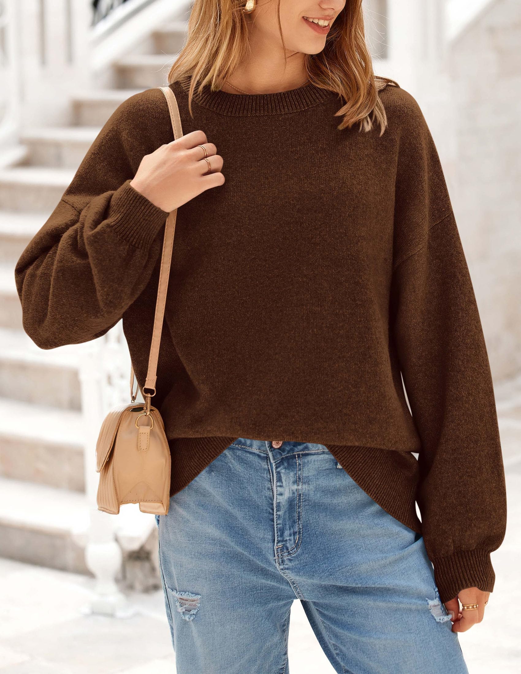 Women's 2025 Fall Sweaters Casual Crew Neck Long Sleeve Pullover Tops Ribbed Knit Loose Fit Winter Clothes (Brown,Small)