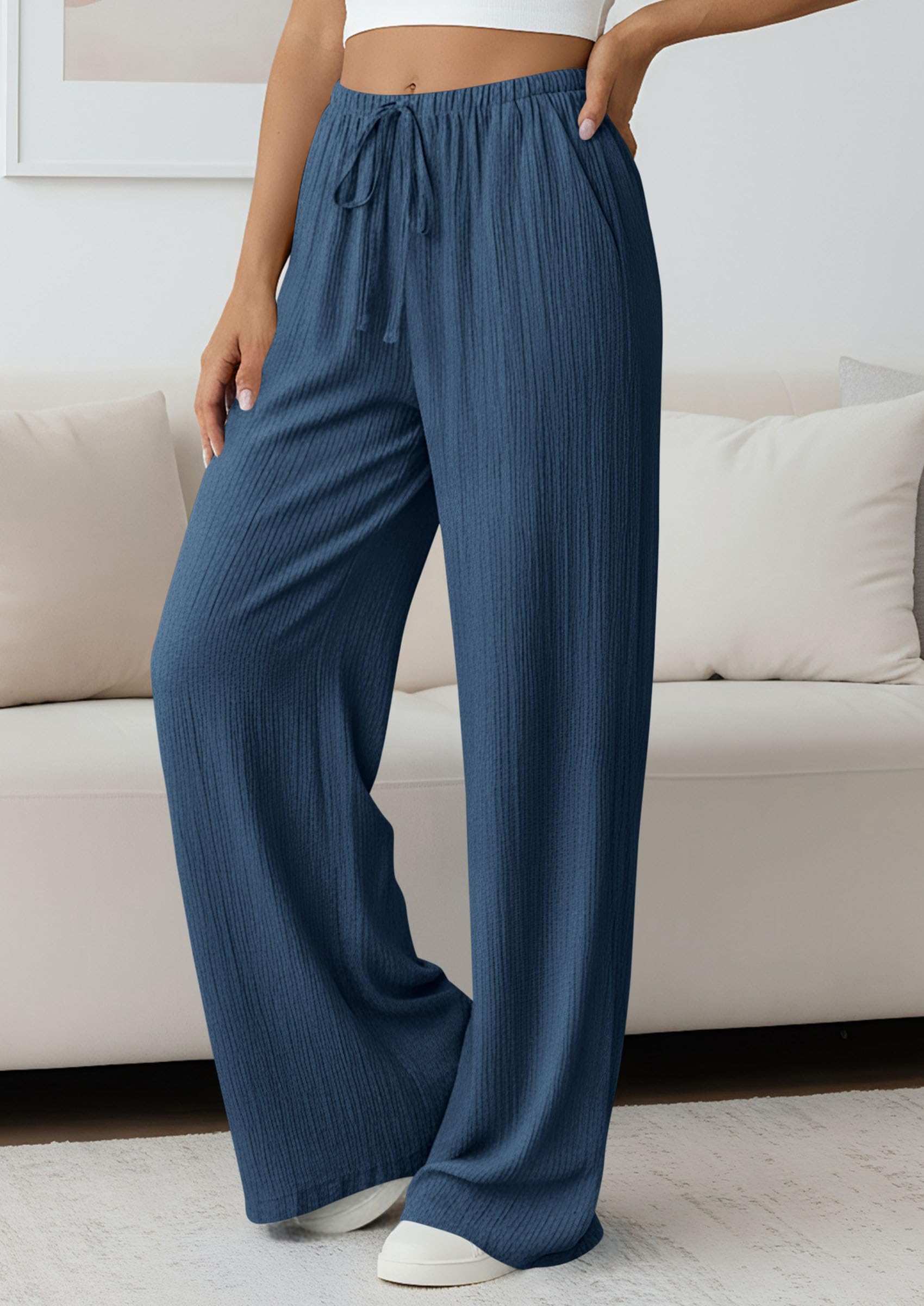 Women's Palazzo Pants Casual Wide Leg Trousers,Dark Blue,S