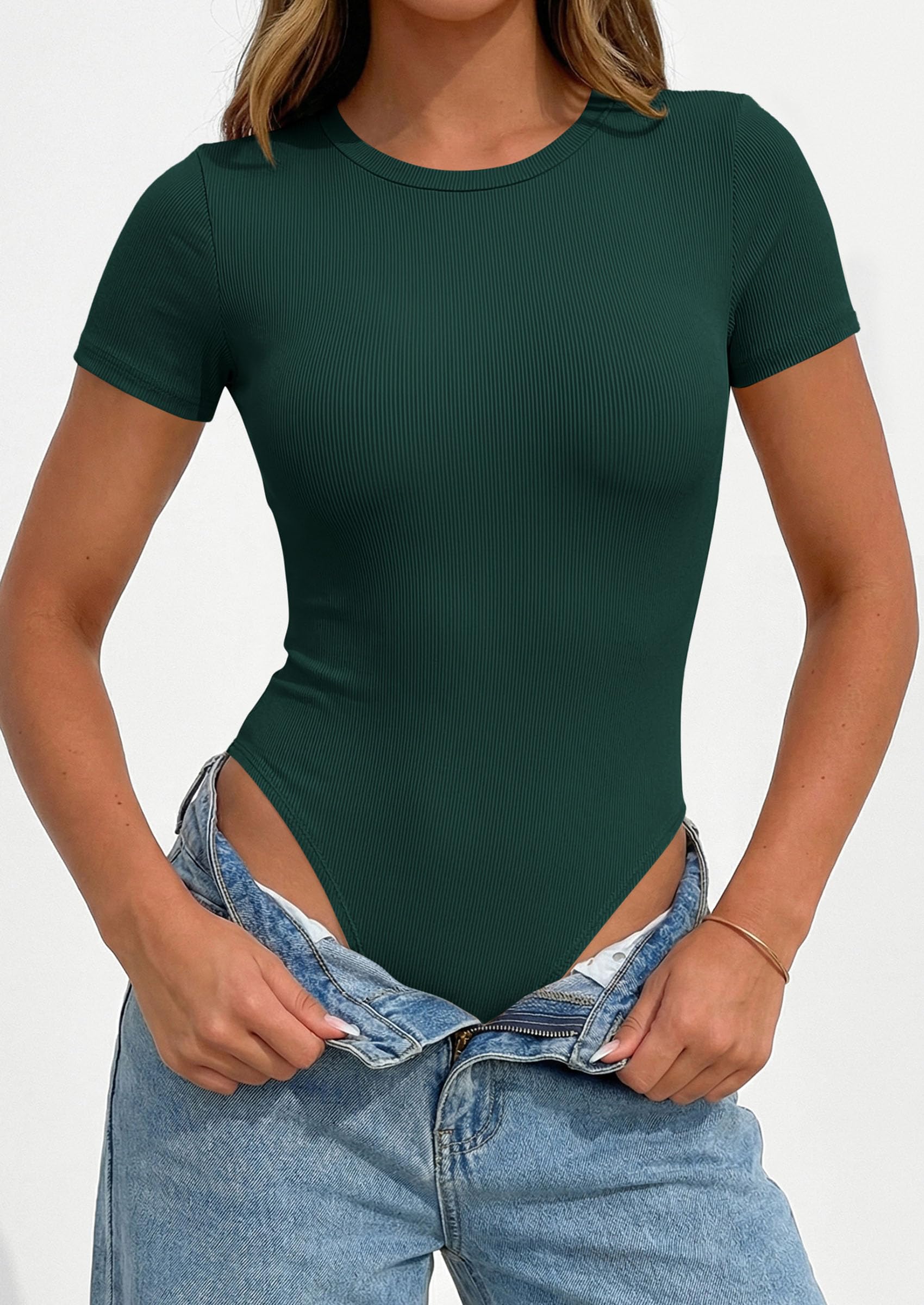 Body Suits for Womens Short Sleeve Summer Tops, Dark Green,XS