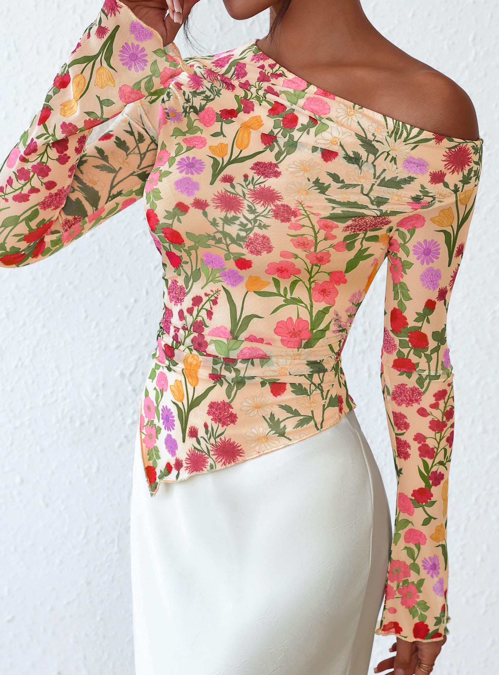 Womens Off Shoulder Mesh Y2k Tops,Floral Apricot Multi,XS