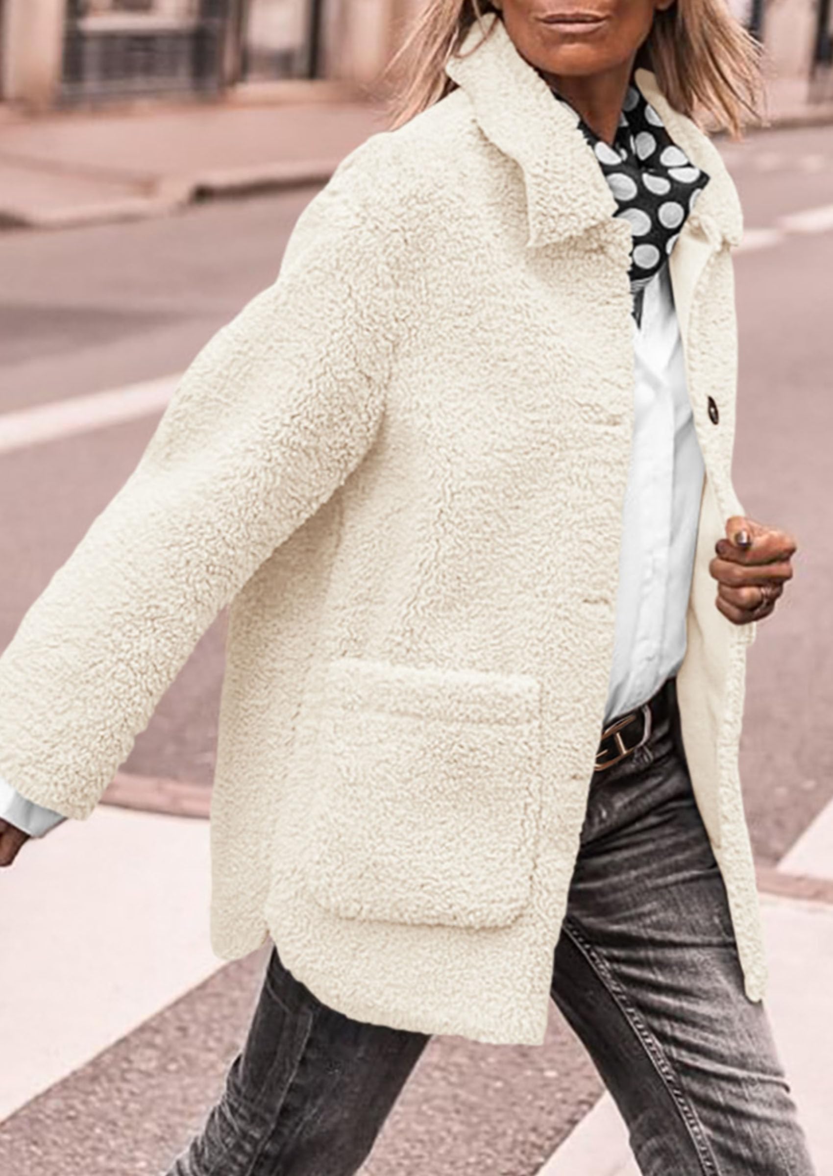 Women's Fleece Sherpa Coats Winter Outfits White,S