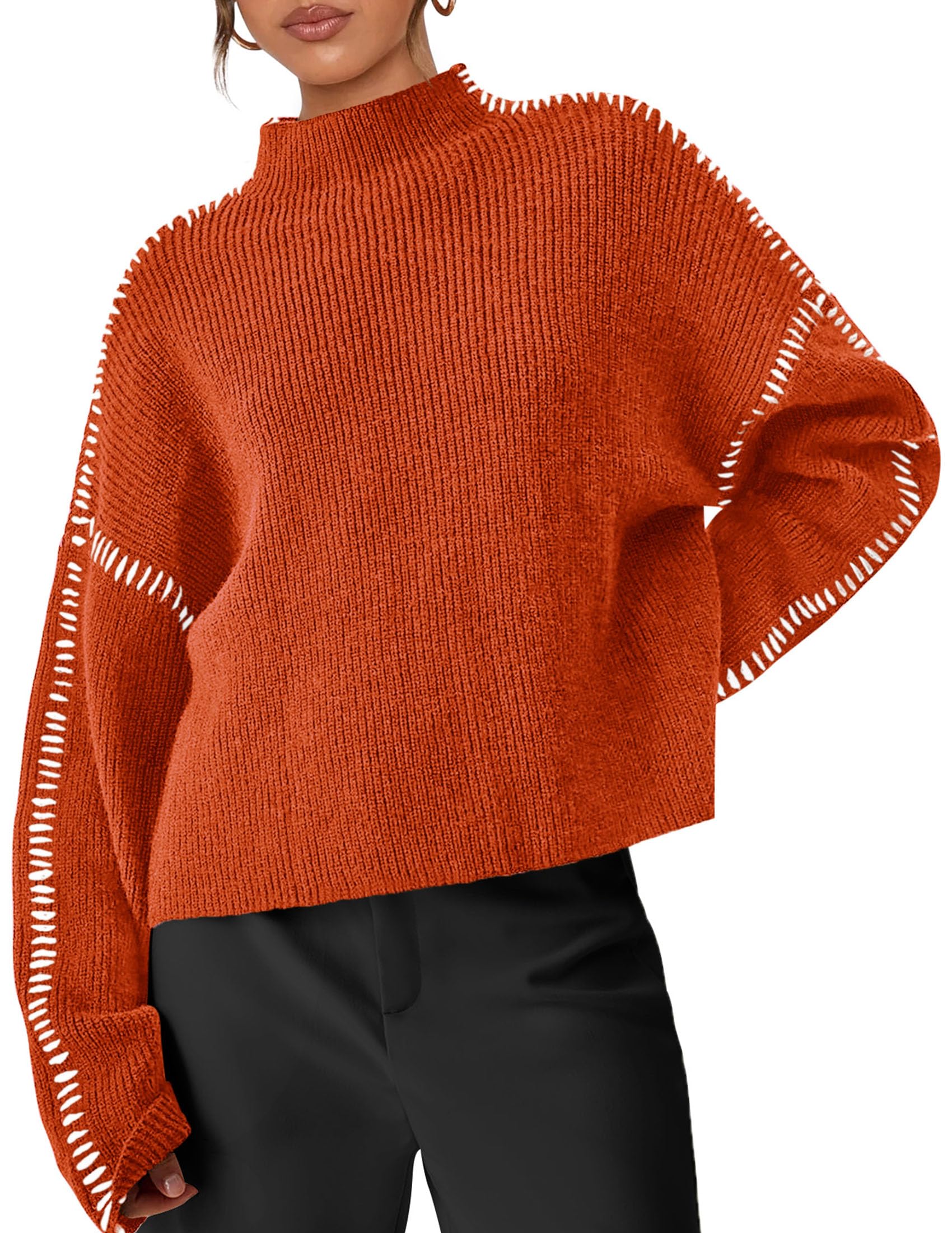 Womens Chunky Knit Oversized Pullover Sweaters,Rust Red,S