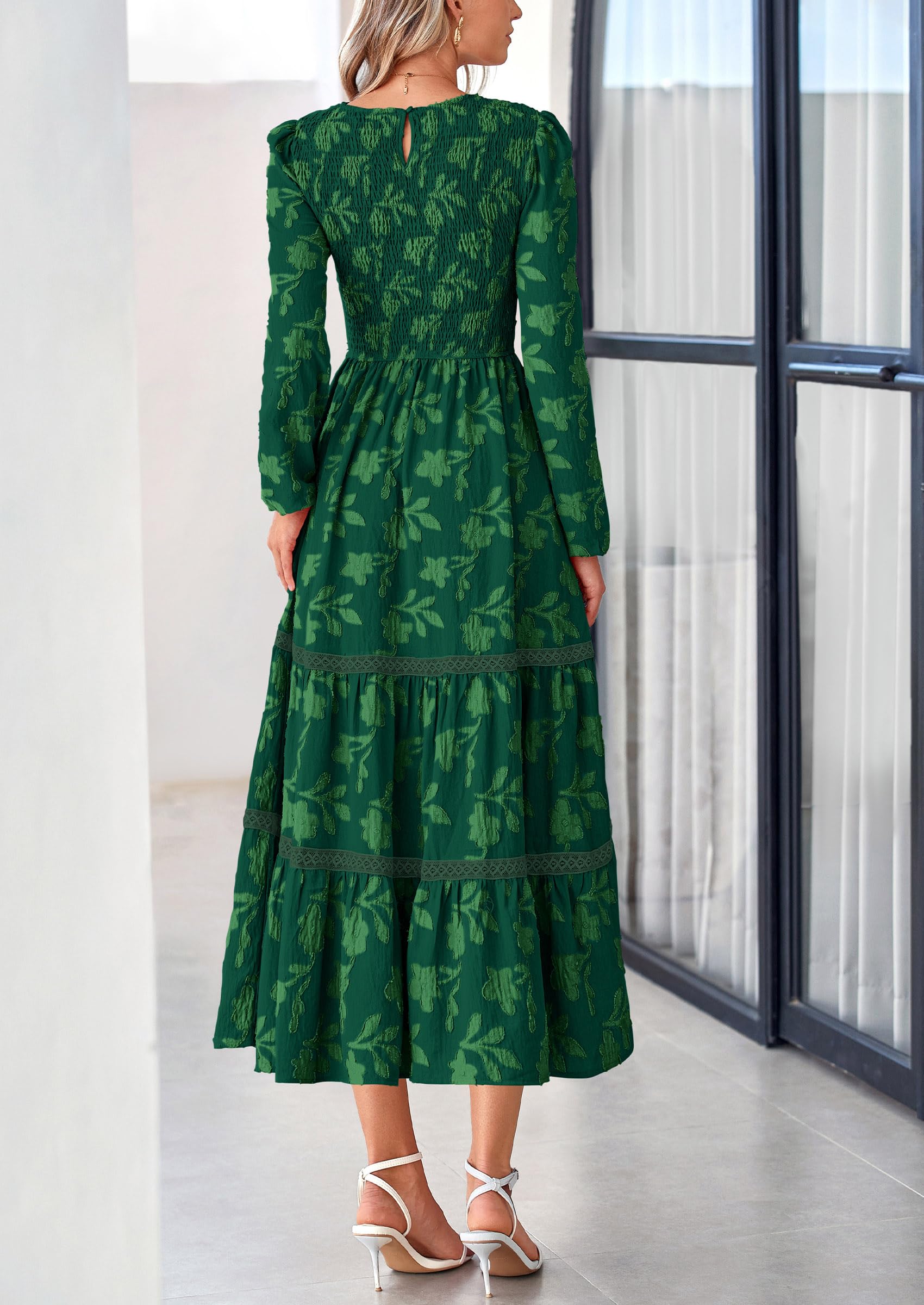Women's Long Sleeve Boho Floral Midi Dress, Dark Green,S