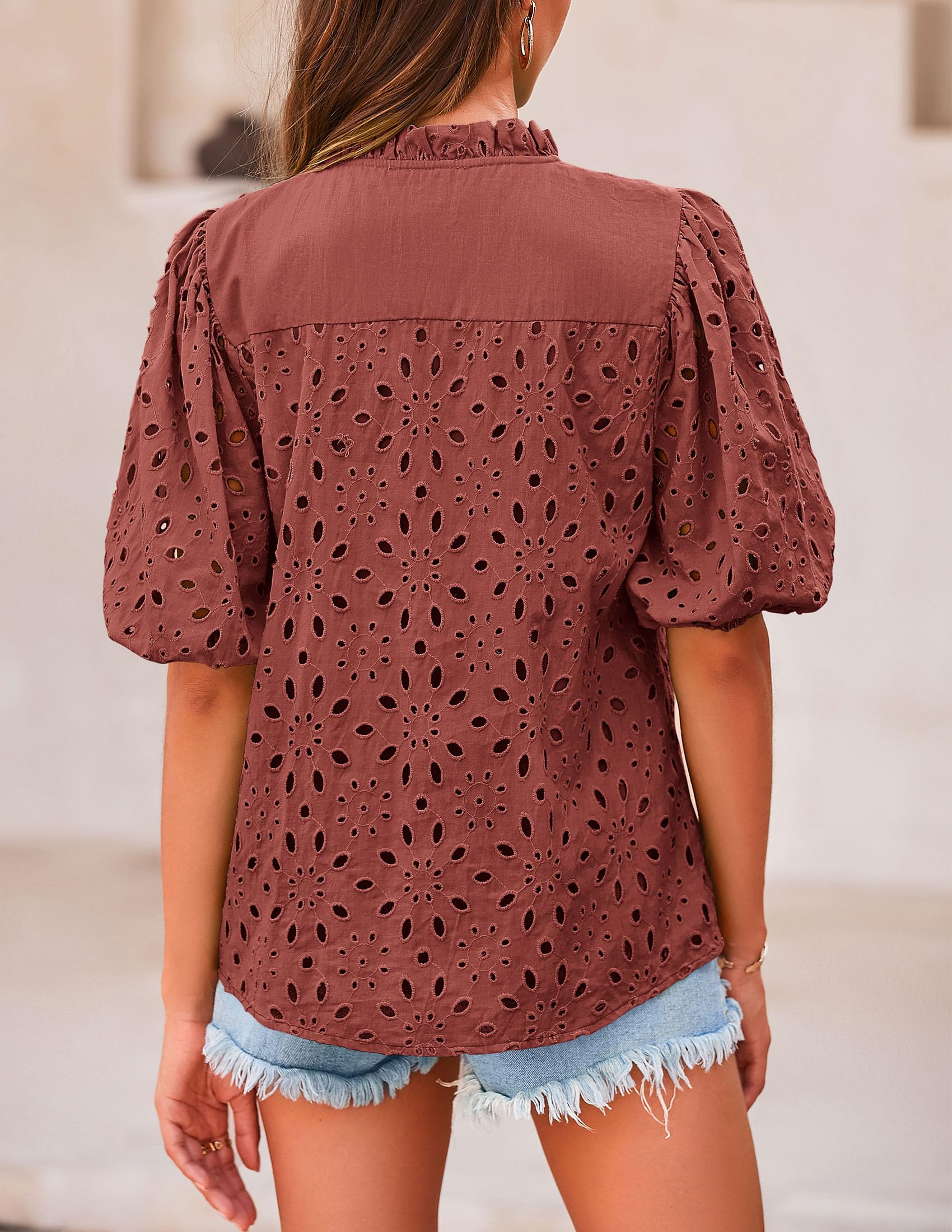 Womens Tops Boho Eyelet Puff Sleeve Blouse, Brown Red,S