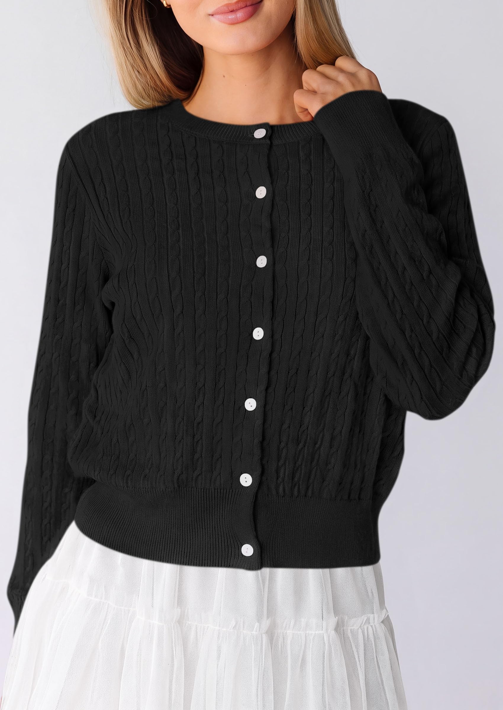 Women Fall Lightweight Cardigans Button Up Cable Knit Sweaters