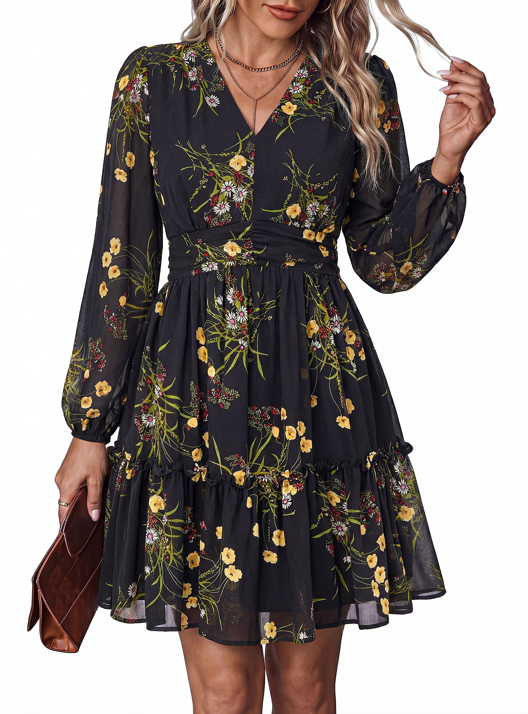Women Floral Long Sleeve Mini Dress Fall Wedding Guest Dresses