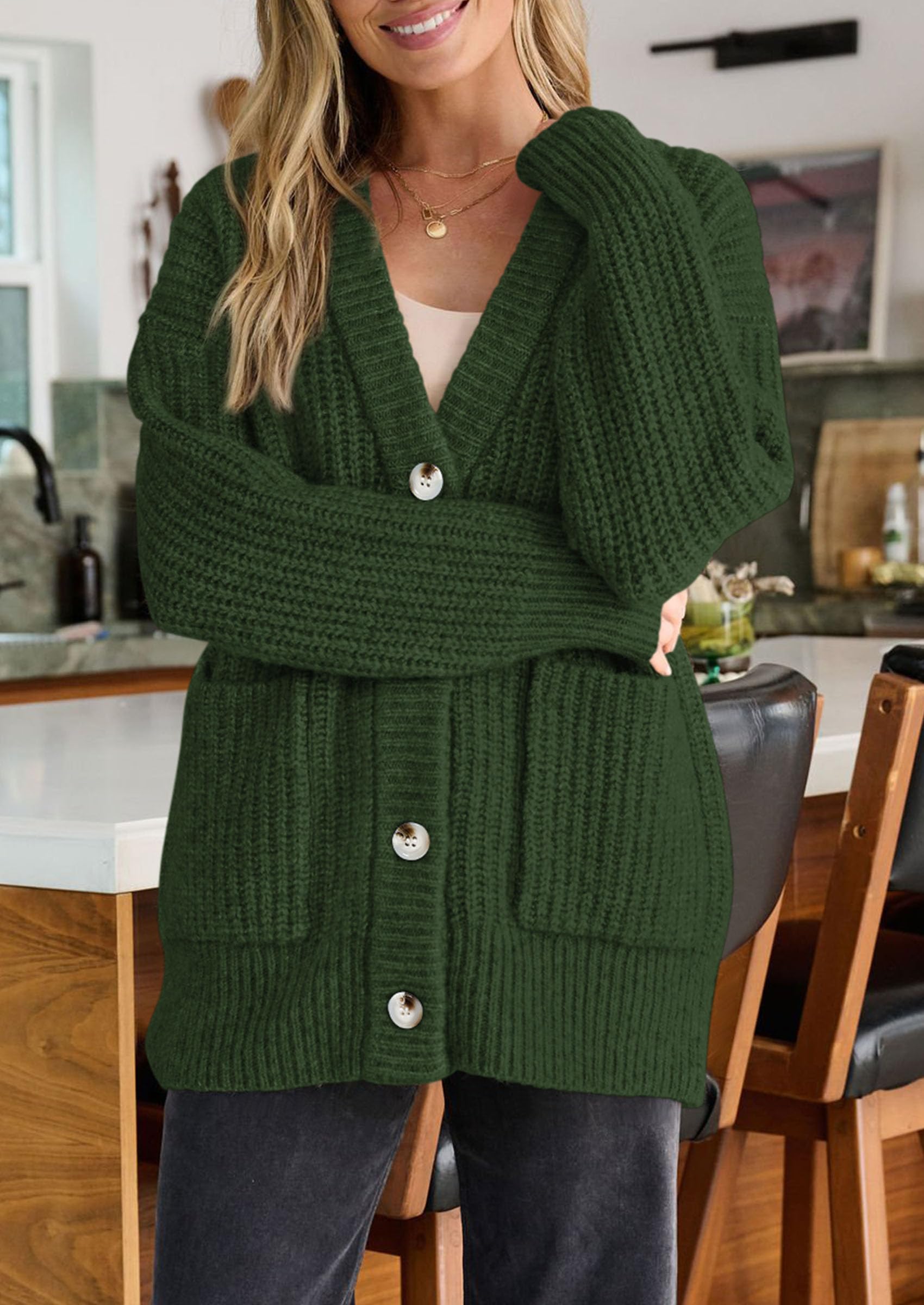 Oversized Cardigan Sweaters for Women Button Up,Army Green,S