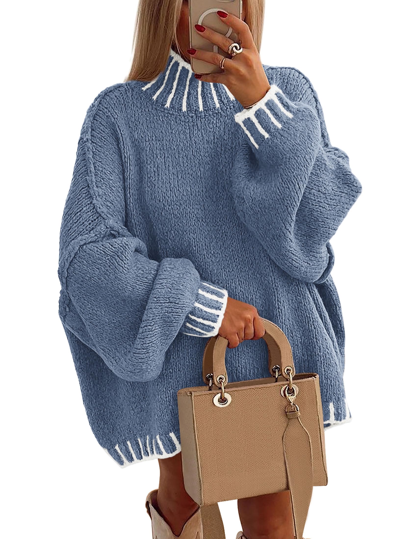 Women's Mock Neck Oversized Pullover Sweaters,Blue,XS
