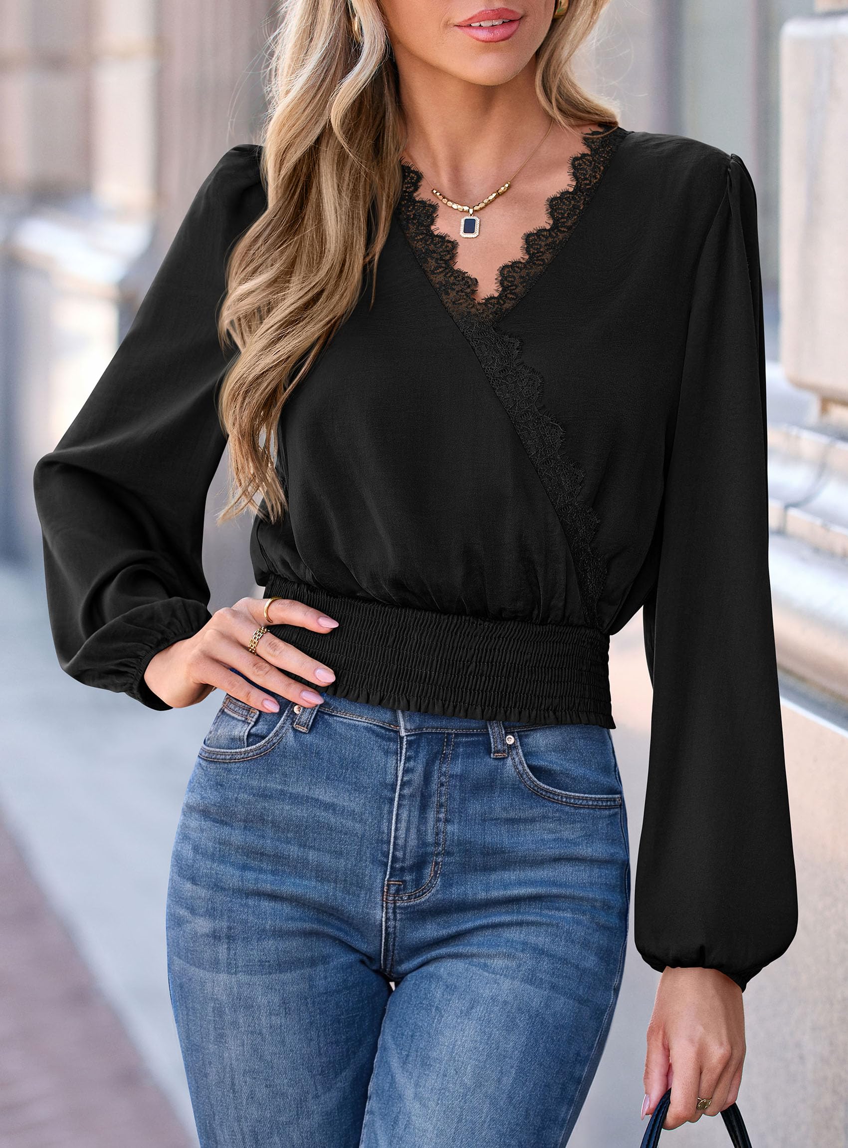 Women's Long Sleeve V Neck Wrap Blouse,Black,S