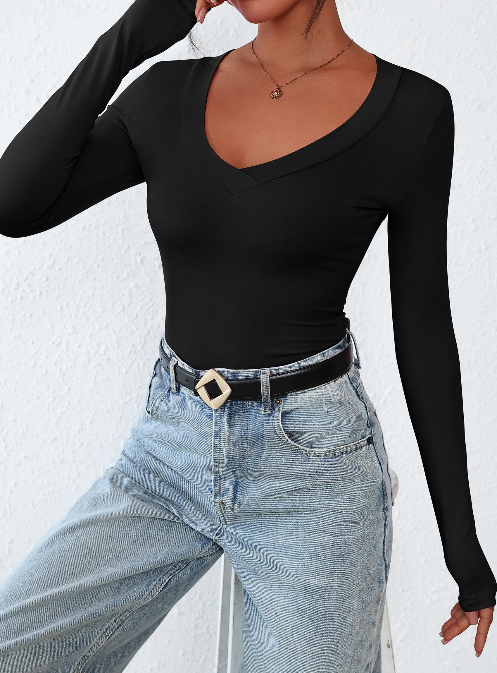 Women's V Neck Long Sleeve Shirts,Black,X-S